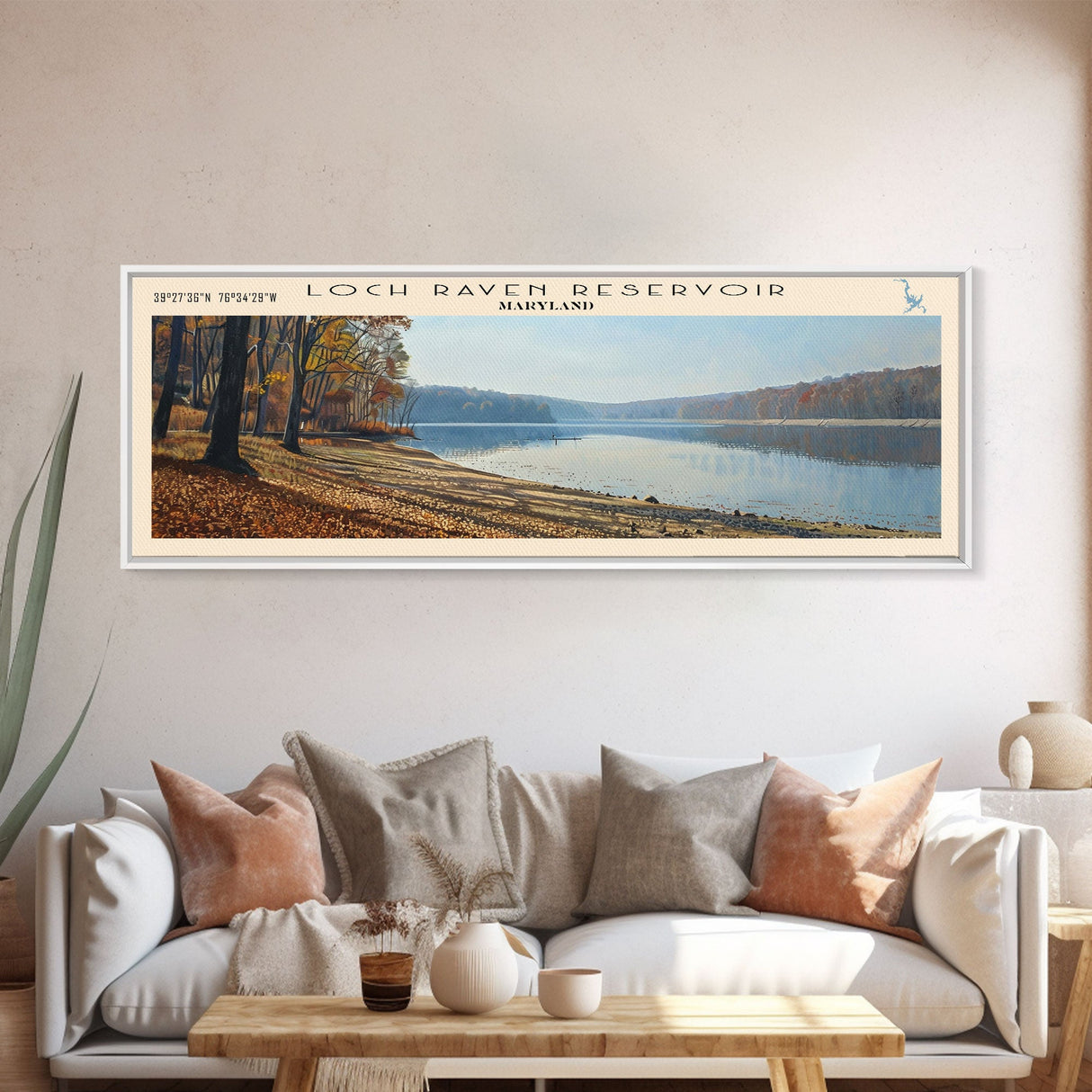 Loch Raven Reservoir Maryland Framed Canvas Print, Lake House Decor, Panoramic Wall Art, Travel Poster, Landscape Painting, Contemporary Art