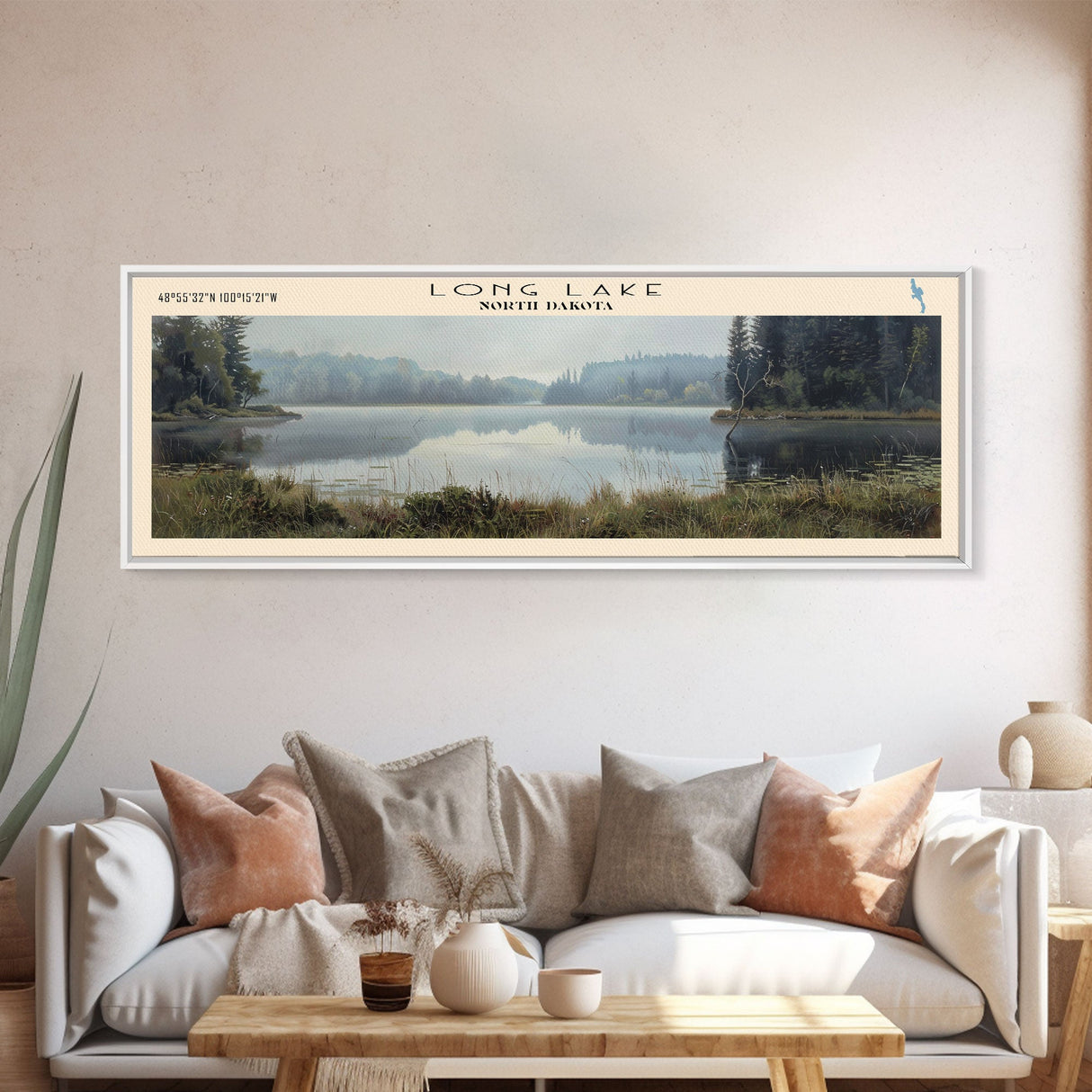 Long Lake North Dakota Framed Canvas Print, Lake House Decor, Panoramic Wall Art, Travel Poster, Landscape Painting, Bedroom Decor