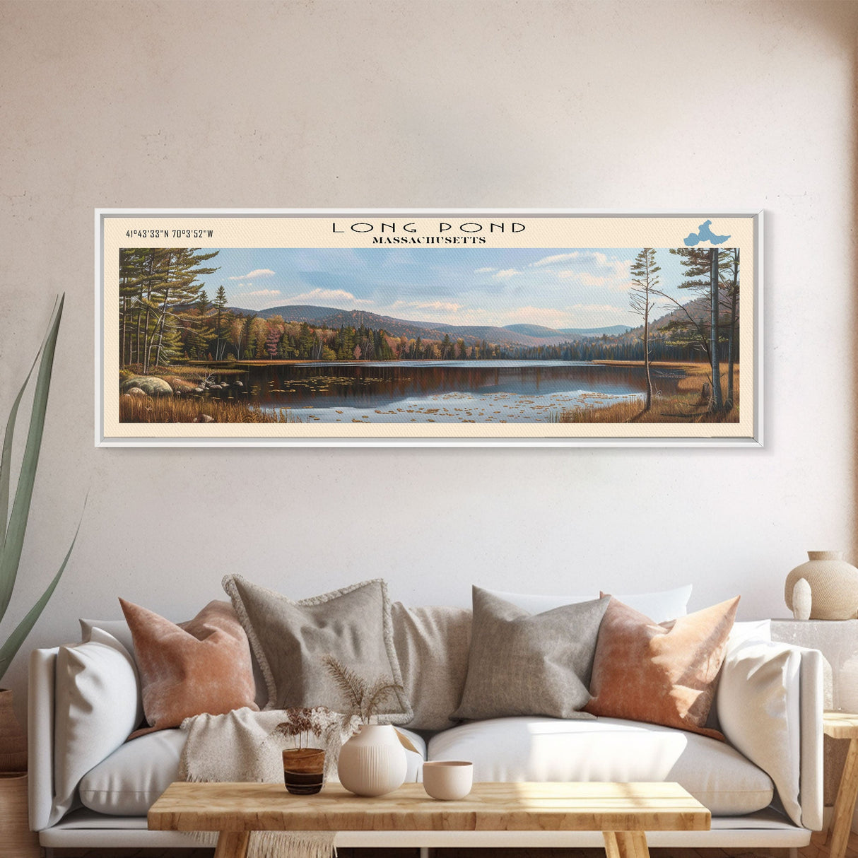 Long Pond Massachusetts Framed Canvas Print, Lake House Decor, Panoramic Wall Art, Travel Poster, Scenic Landscape Painting, Living Room Decor