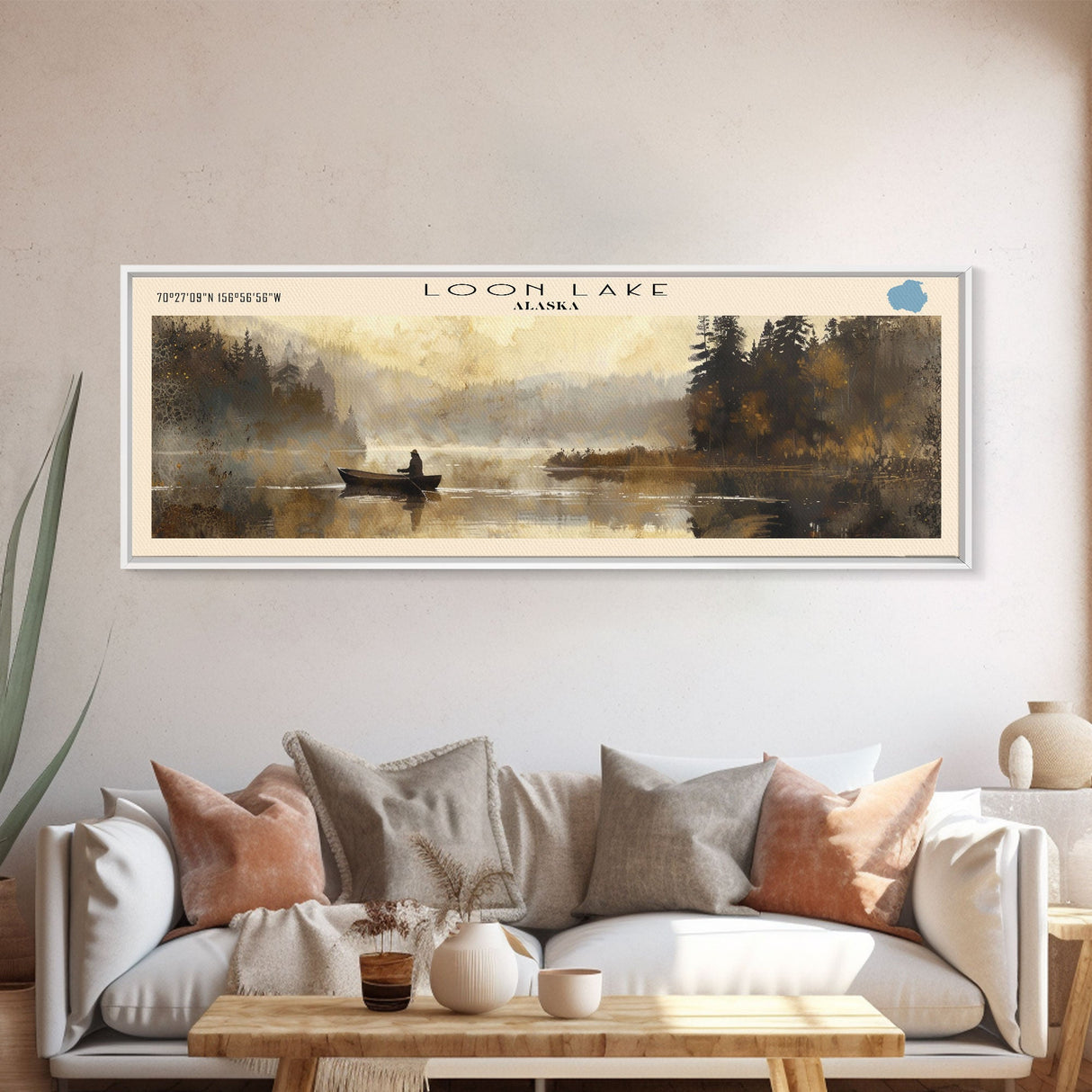 Loon Lake Framed Canvas Print, Lake House Decor, Panoramic Wall Art, Travel Poster, Landscape Painting, Contemporary Art