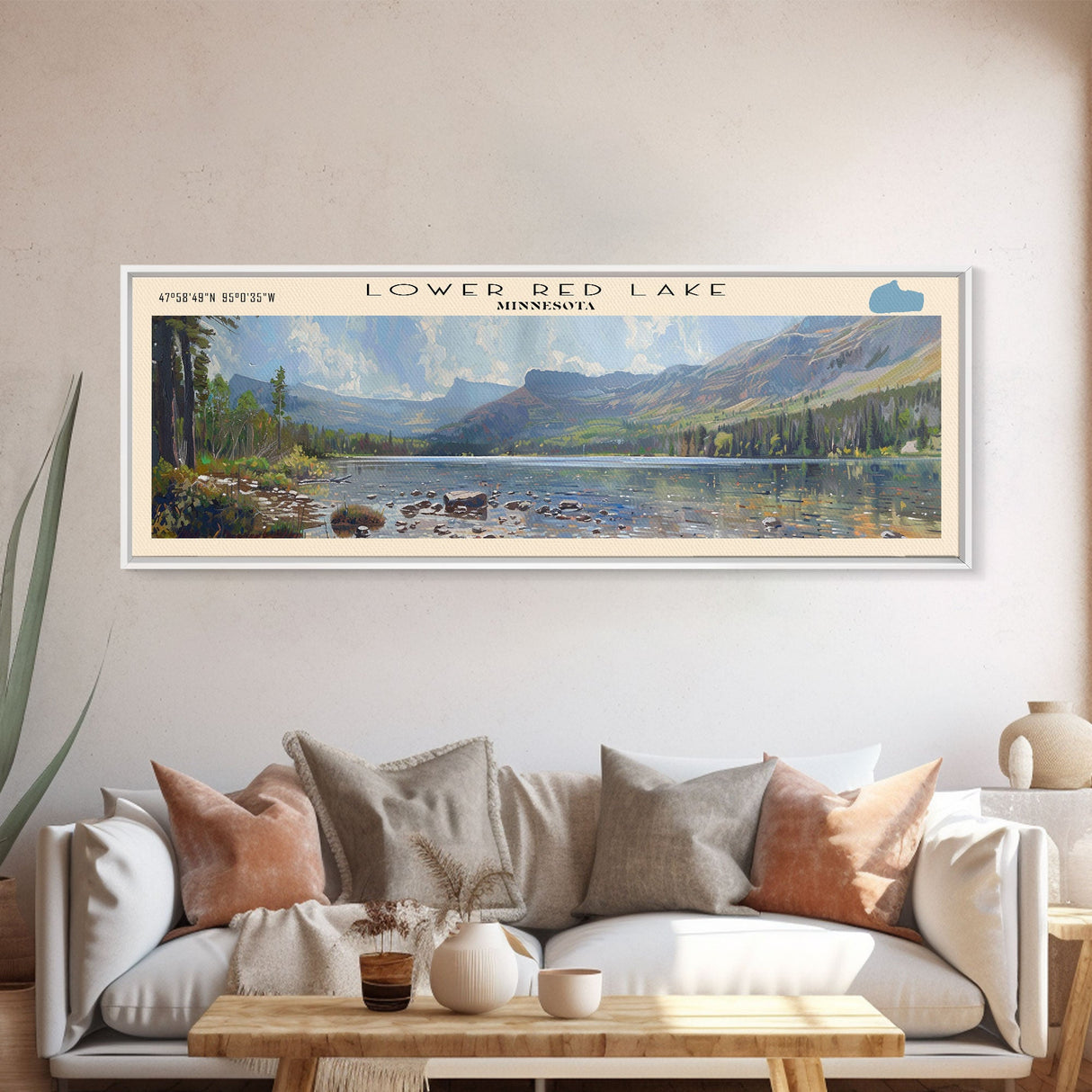 Lower Red Lake Framed Canvas Print, Lake House Decor, Panoramic Wall Art, Travel Poster, Beautiful Landscape Painting, Living Room Decor