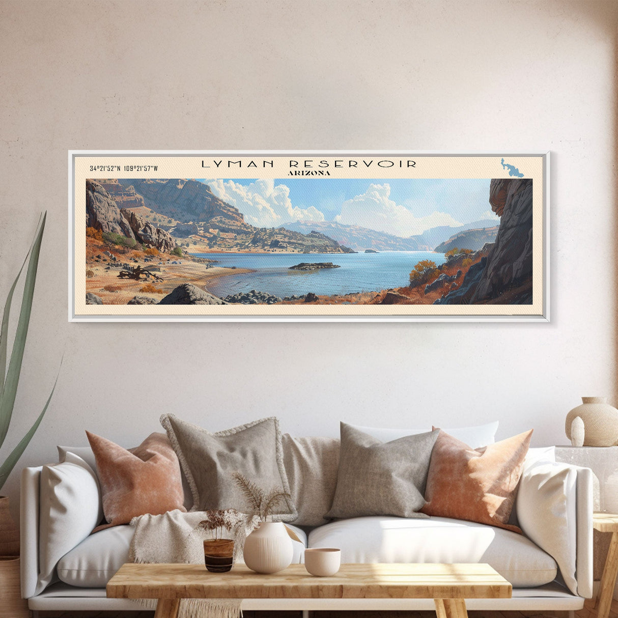 Lyman Reservoir Arizona Framed Canvas Print, Lake House Decor, Panoramic Wall Art, Travel Poster, Beautiful Landscape Painting, Rustic Art