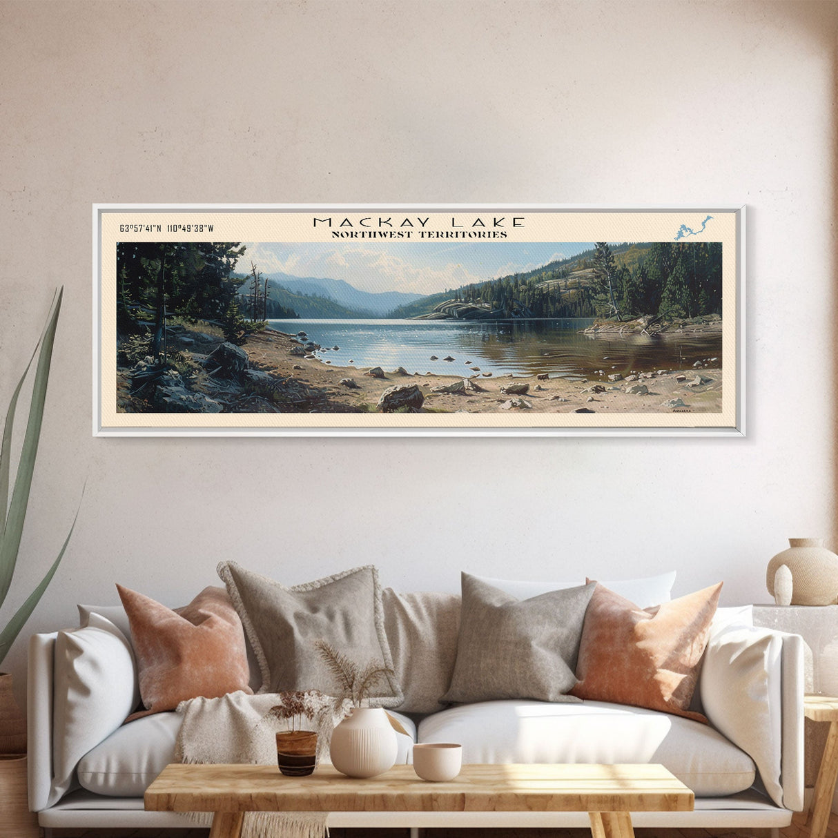 MacKay Lake Framed Canvas Print, Lake House Decor, Panoramic Wall Art, Travel Poster, Landscape Painting, Living Room Decor