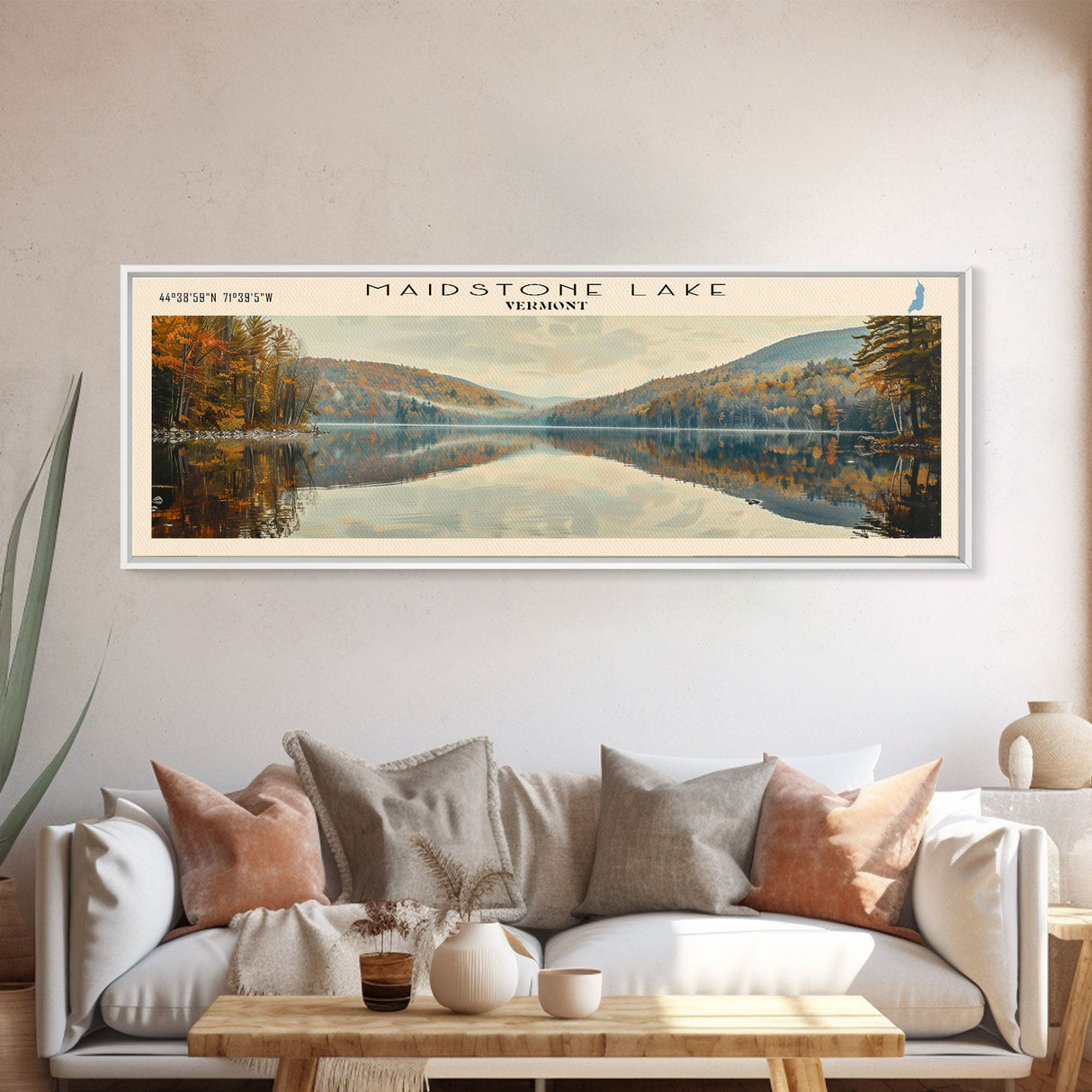 Maidstone Lake Vermont Framed Canvas Print, Lake House Decor, Panoramic Wall Art, Travel Poster, Beautiful Landscape Painting, Modern Art