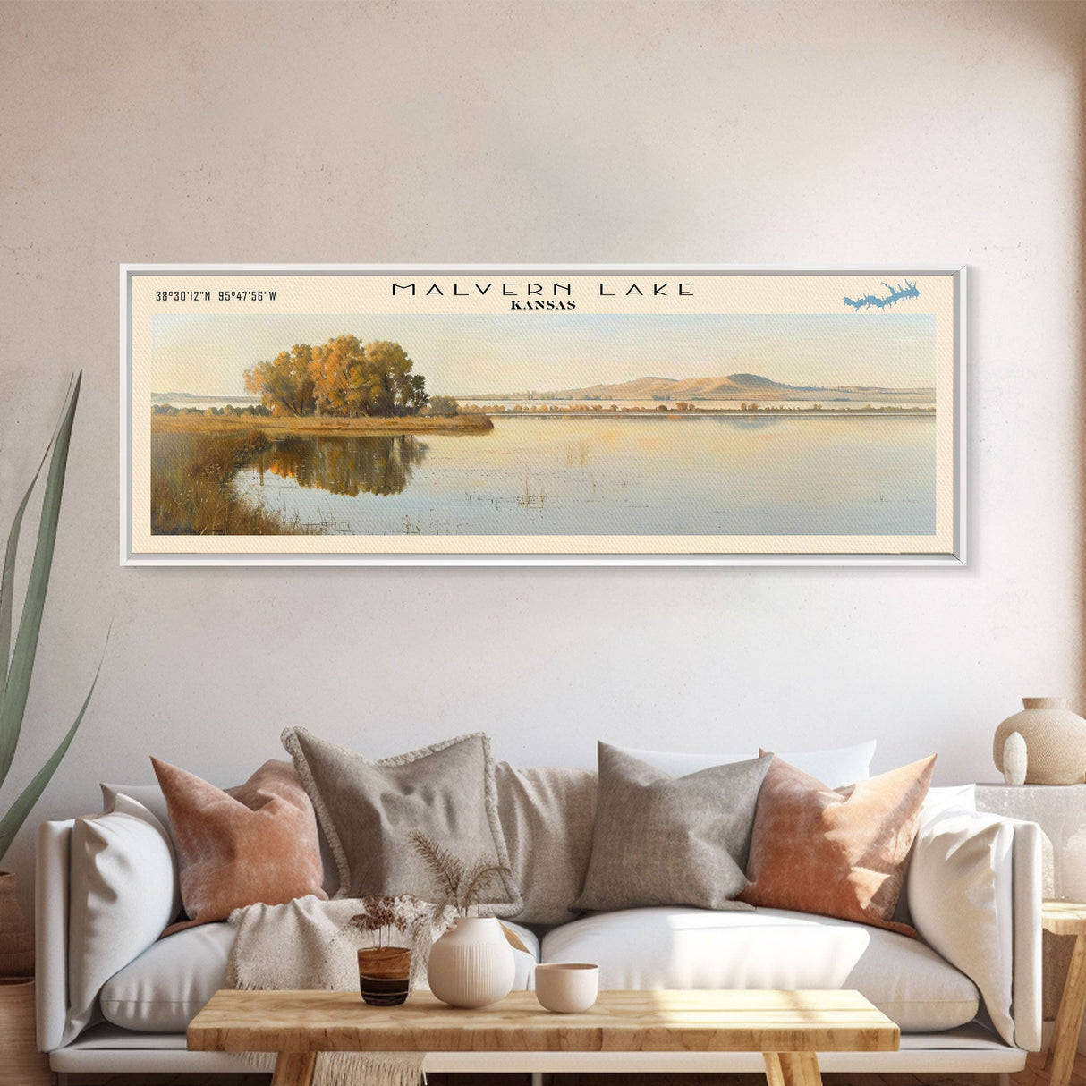 Malvern Lake Kansas Framed Canvas Print, Lake House Decor, Panoramic Wall Art, Travel Poster, Landscape Painting, Bedroom Decor