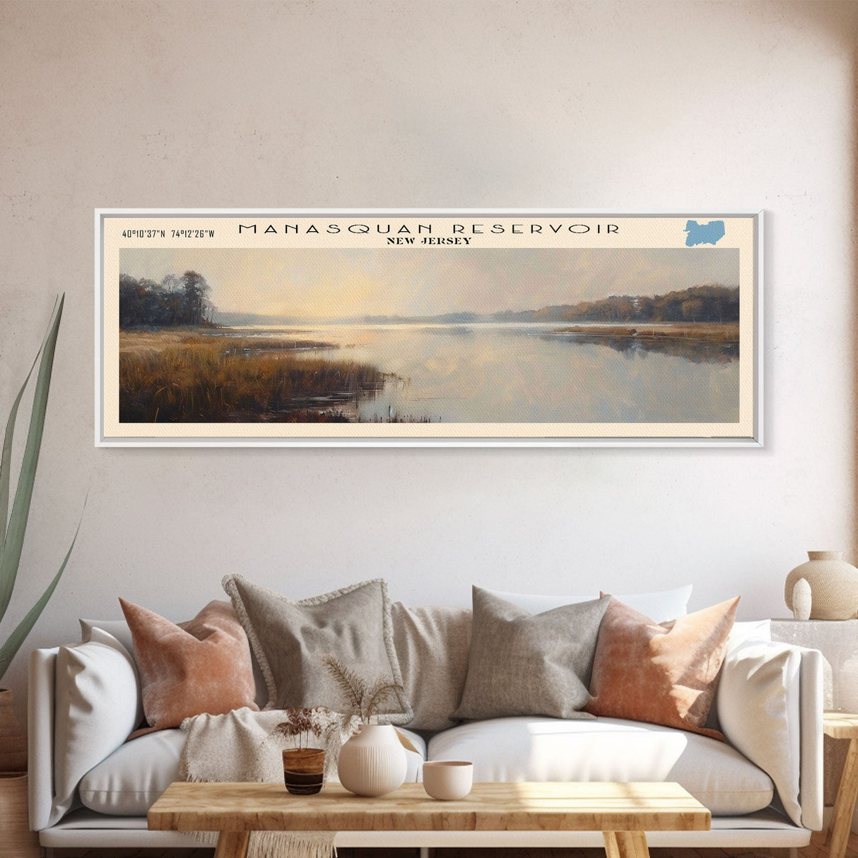 Manasquan Reservoir New Jersey Framed Canvas Print, Lake House Decor, Panoramic Wall Art, Travel Poster, Beautiful Landscape Painting, Modern Art