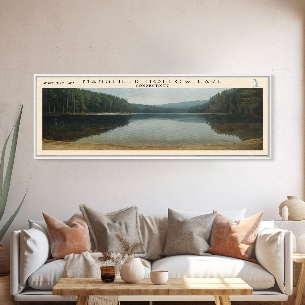 Mansfield Hollow Lake Connecticut Framed Canvas Print, Lake House Decor, Panoramic Wall Art, Travel Poster, Landscape Painting, Contemporary Art