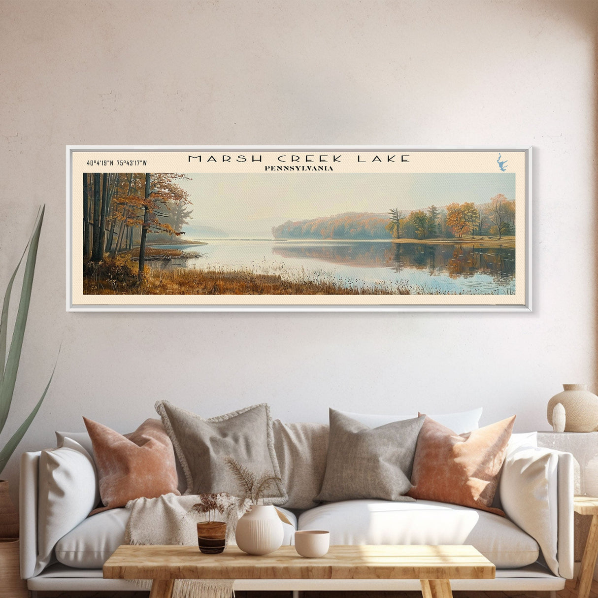 Marsh Creek Lake Pennsylvania Framed Canvas Print, Lake House Decor, Panoramic Wall Art, Travel Poster, Landscape Painting, Modern Art