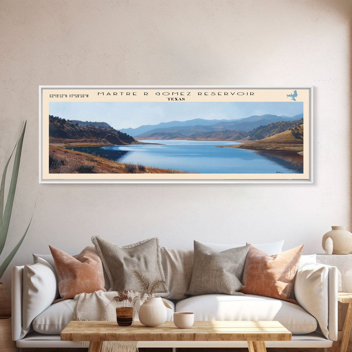 Martre R Gomez Reservoir Framed Canvas Print, Lake House Decor, Panoramic Wall Art, Travel Poster, Scenic Landscape Painting, Contemporary Art