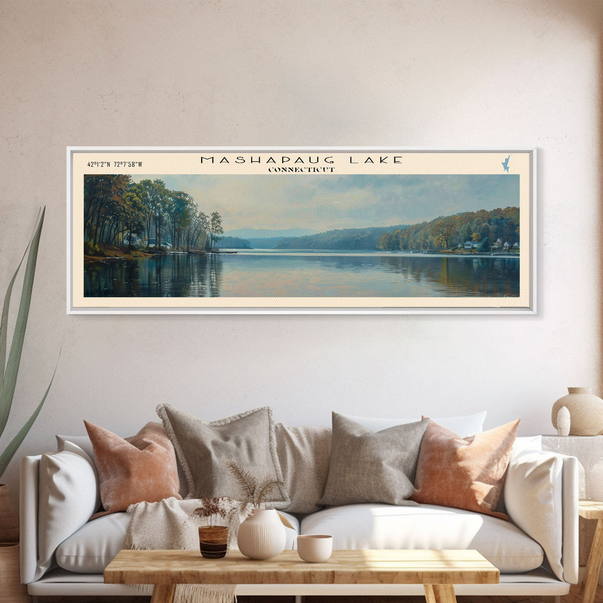 Mashapaug Lake Connecticut Framed Canvas Print, Lake House Decor, Panoramic Wall Art, Travel Poster, Beautiful Landscape Painting, Living Room Decor