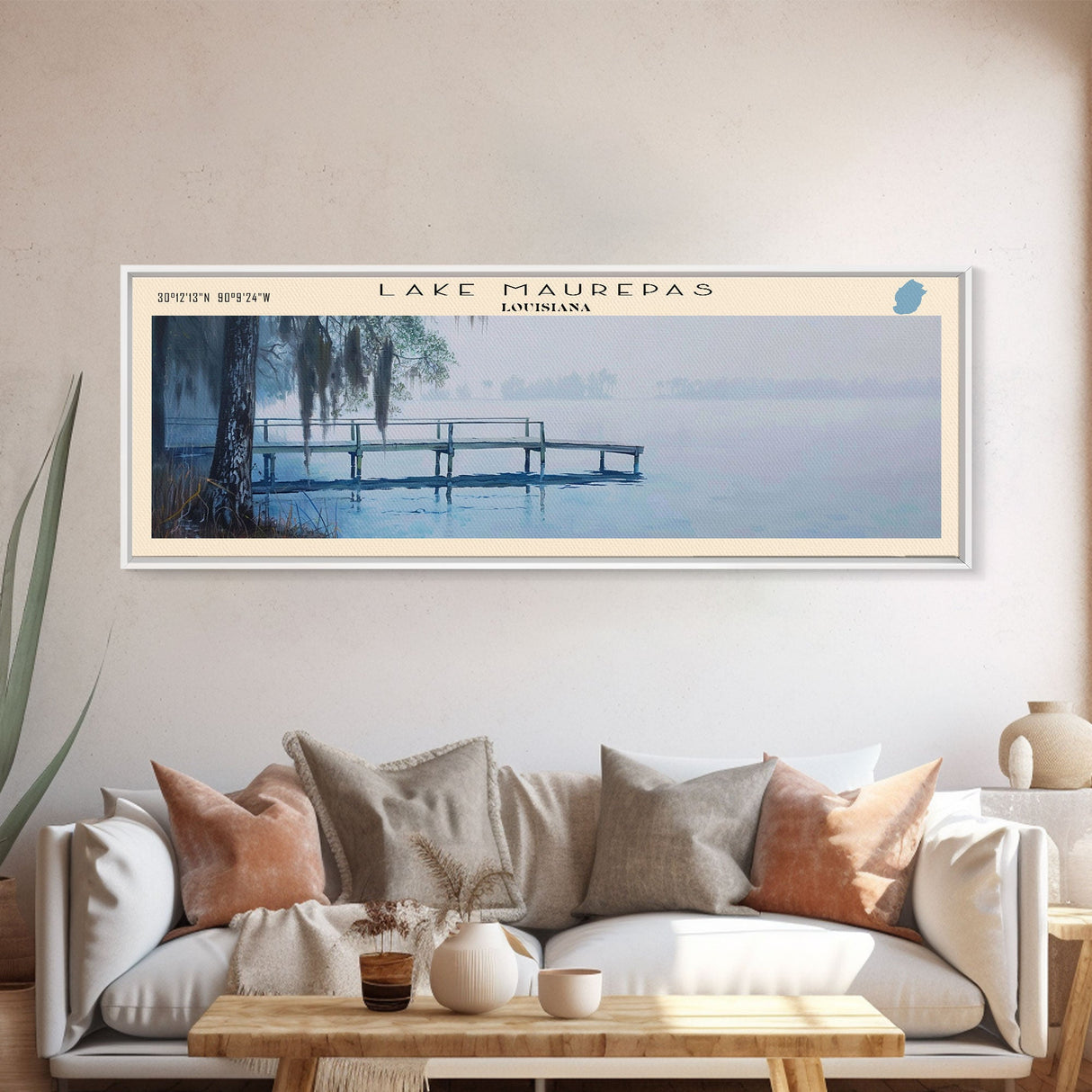 Maurepas Lake Framed Canvas Print, Lake House Decor, Panoramic Wall Art, Travel Poster, Landscape Painting, Modern Art