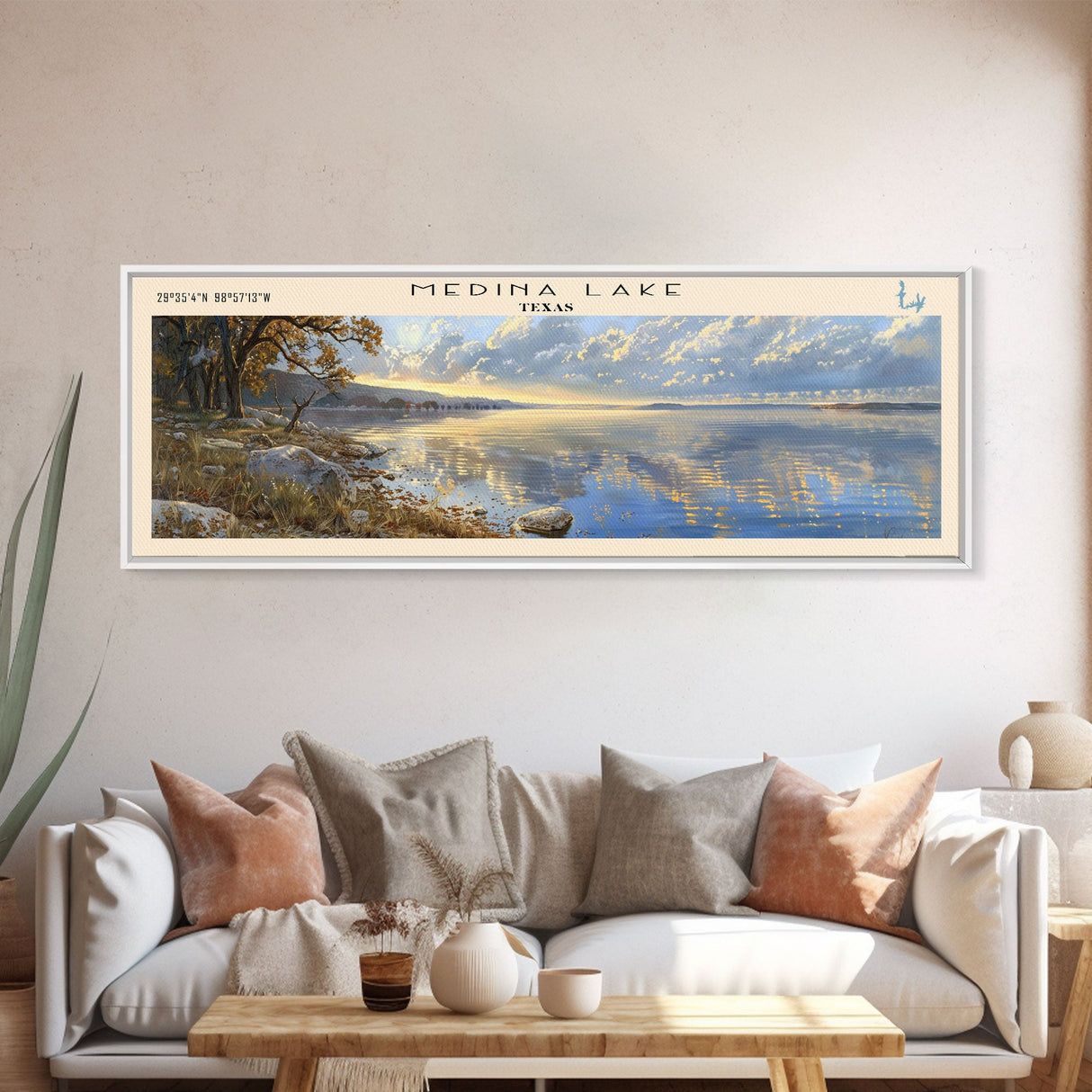 Medina Lake Texas Framed Canvas Print, Lake House Decor, Panoramic Wall Art, Travel Poster, Landscape Painting, Bedroom Decor