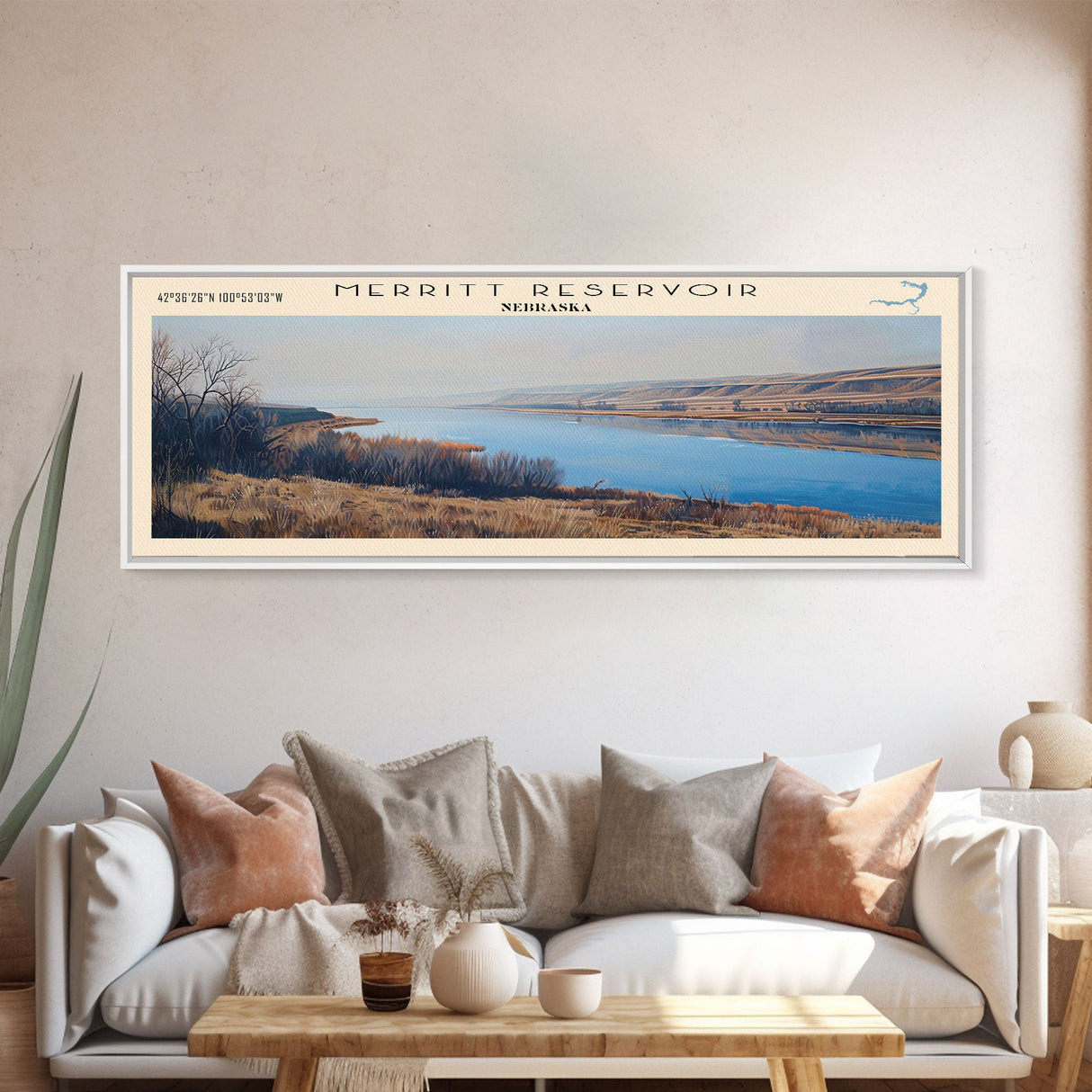 Merritt Reservoir Nebraska Framed Canvas Print, Lake House Decor, Panoramic Wall Art, Travel Poster, Beautiful Landscape Painting, Modern Art