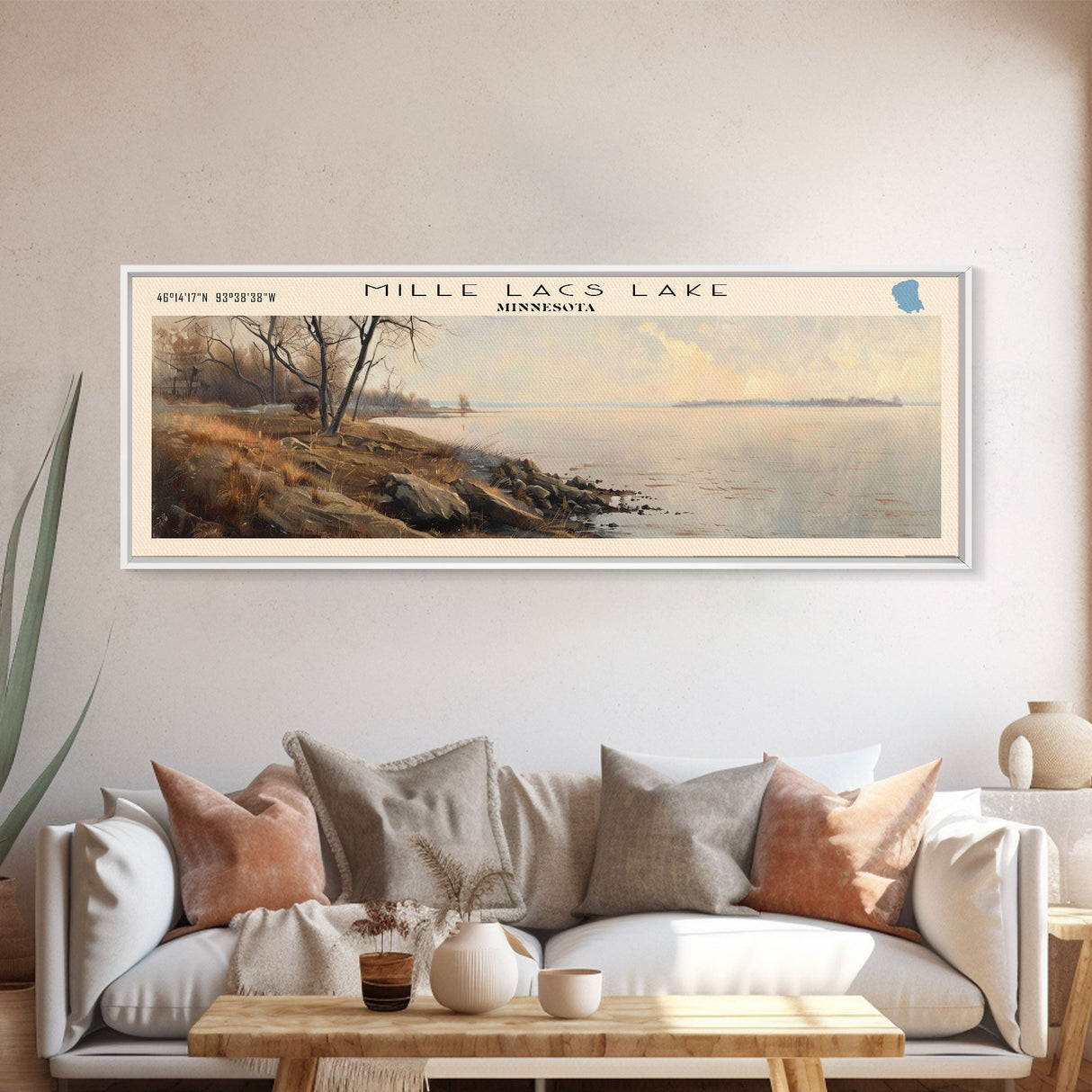 Mille Lacs Lake Framed Canvas Print, Lake House Decor, Panoramic Wall Art, Travel Poster, Landscape Painting, Contemporary Art