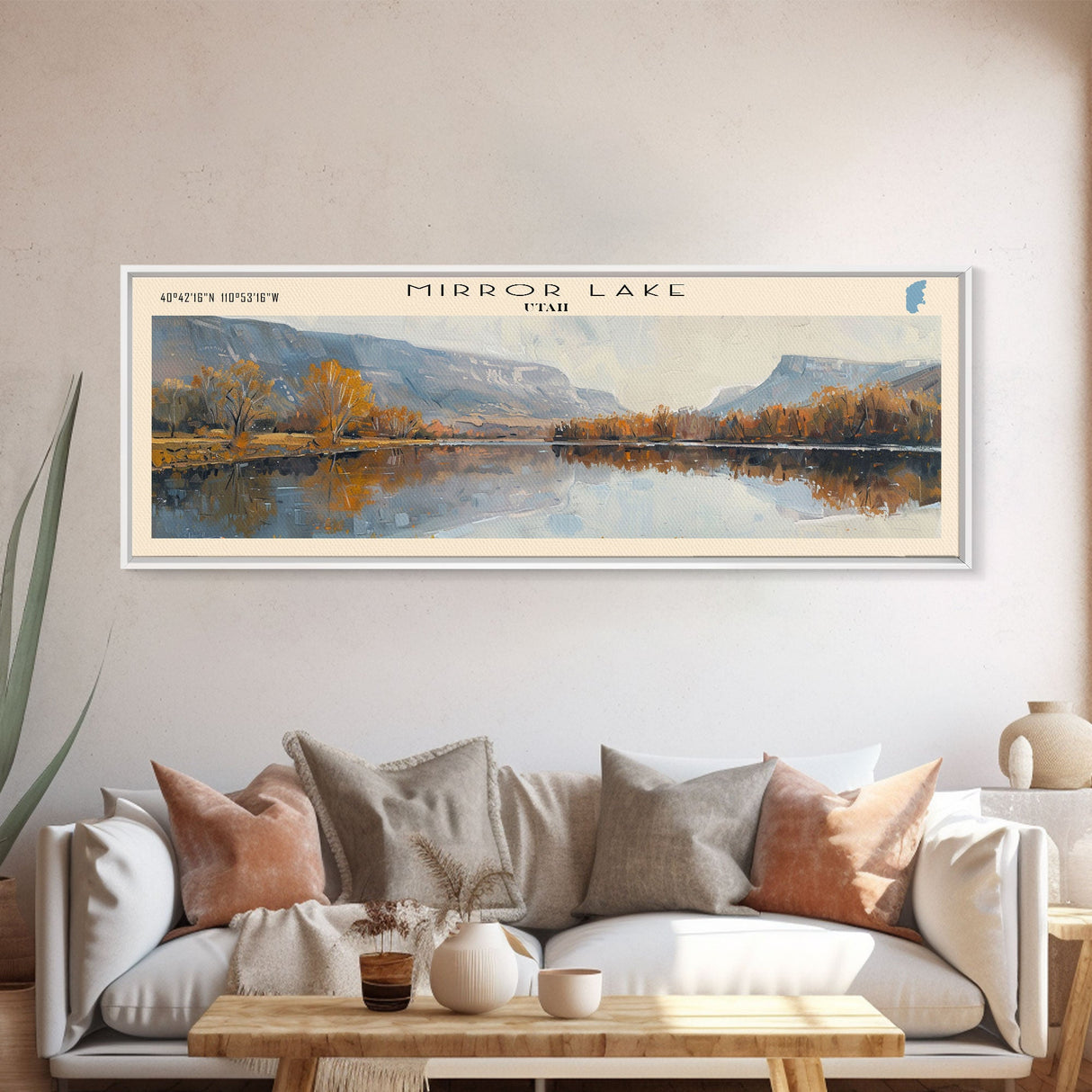 Mirror Lake Utah Framed Canvas Print, Lake House Decor, Panoramic Wall Art, Travel Poster, Landscape Painting, Bedroom Decor