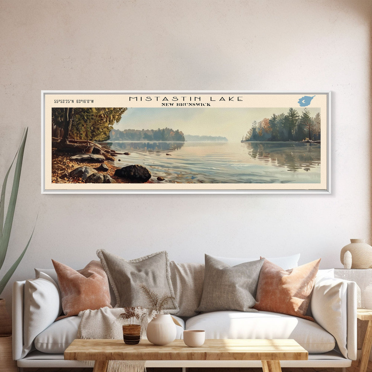 Mistastin Lake Framed Canvas Print, Lake House Decor, Panoramic Wall Art, Travel Poster, Landscape Painting, Modern Art