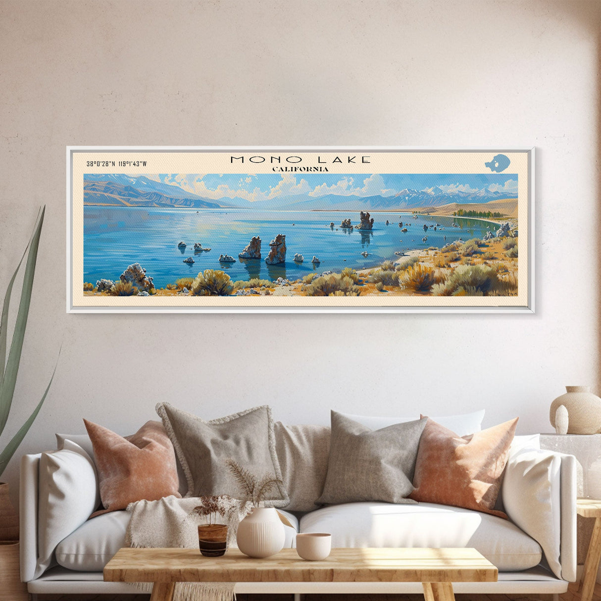 Mono Lake Framed Canvas Print, Lake House Decor, Panoramic Wall Art, Travel Poster, Landscape Painting, Modern Art