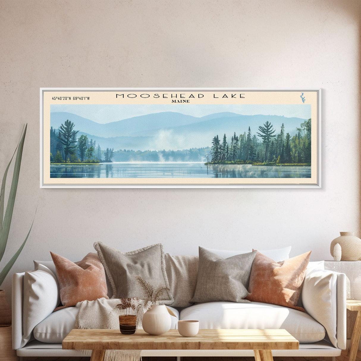 Moosehead Lake Framed Canvas Print, Lake House Decor, Panoramic Wall Art, Travel Poster, Beautiful Landscape Painting, Living Room Decor