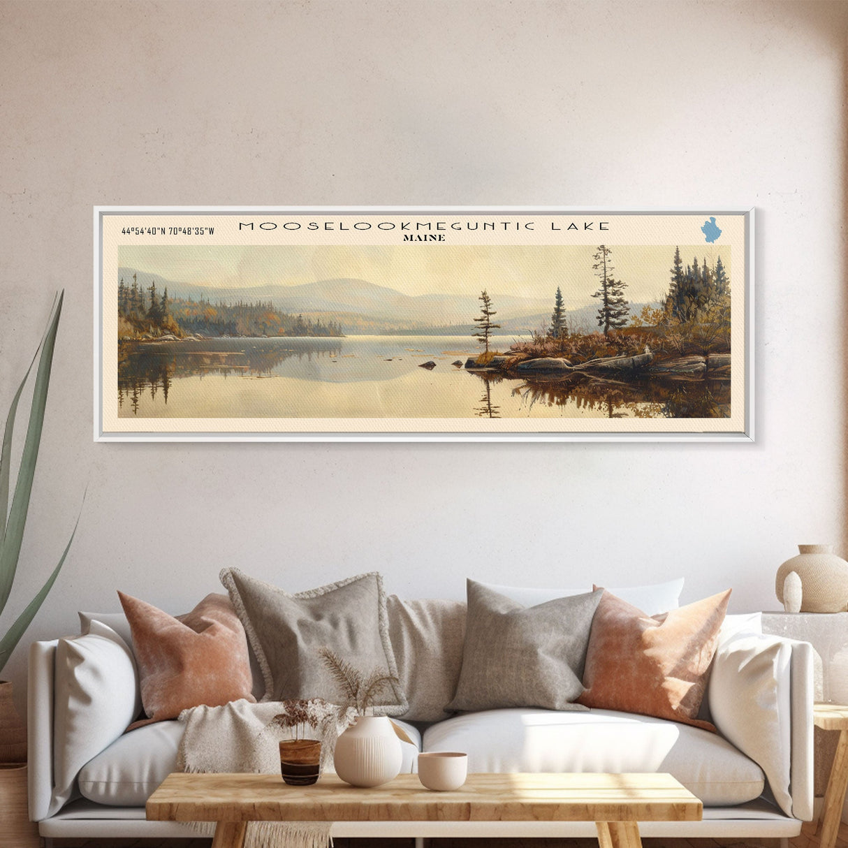 Mooselookmeguntic Lake Maine Framed Canvas Print, Lake House Decor, Panoramic Wall Art, Travel Poster, Landscape Painting, Modern Art