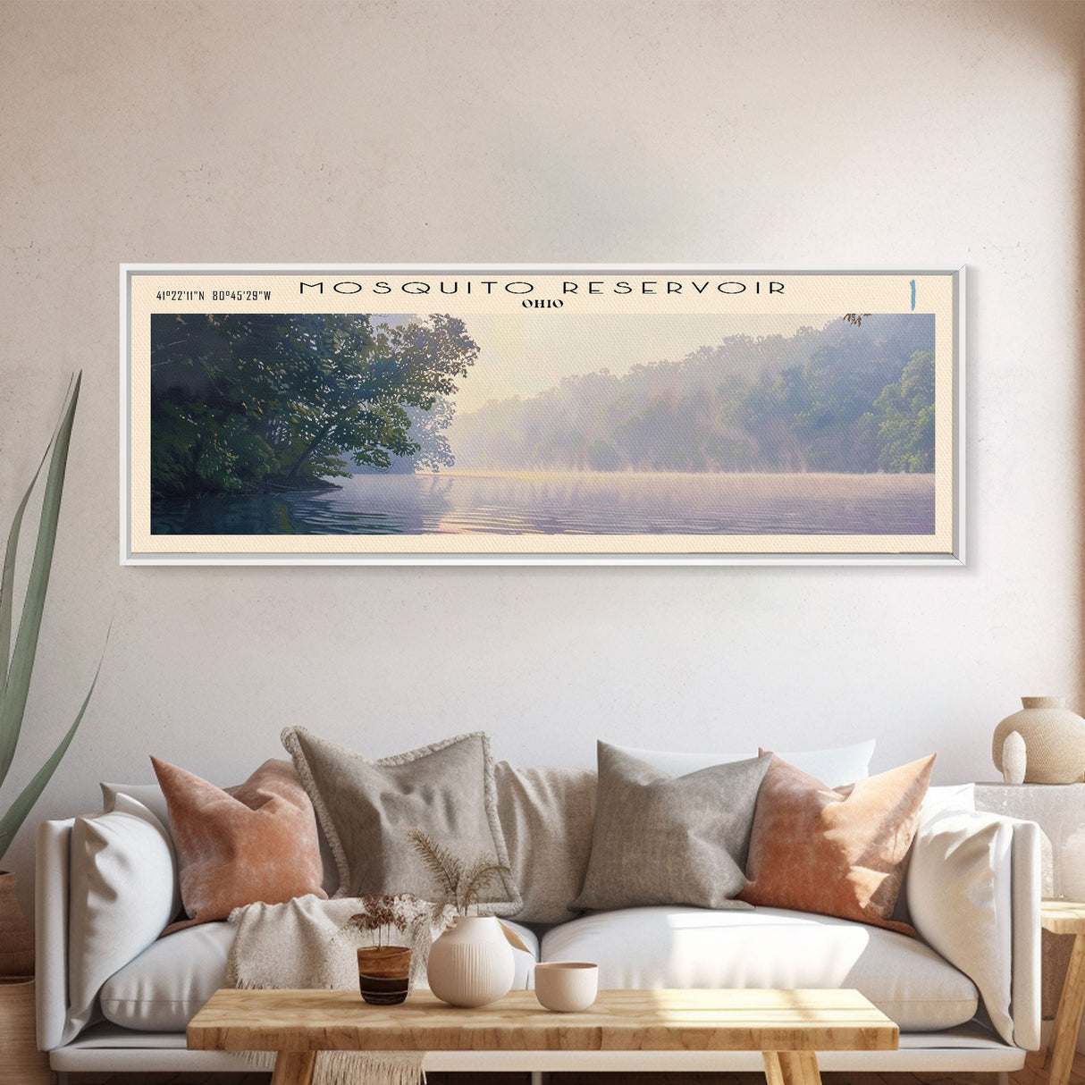 Mosquito Reservoir Ohio Framed Canvas Print, Lake House Decor, Panoramic Wall Art, Travel Poster, Beautiful Landscape Painting, Modern Art