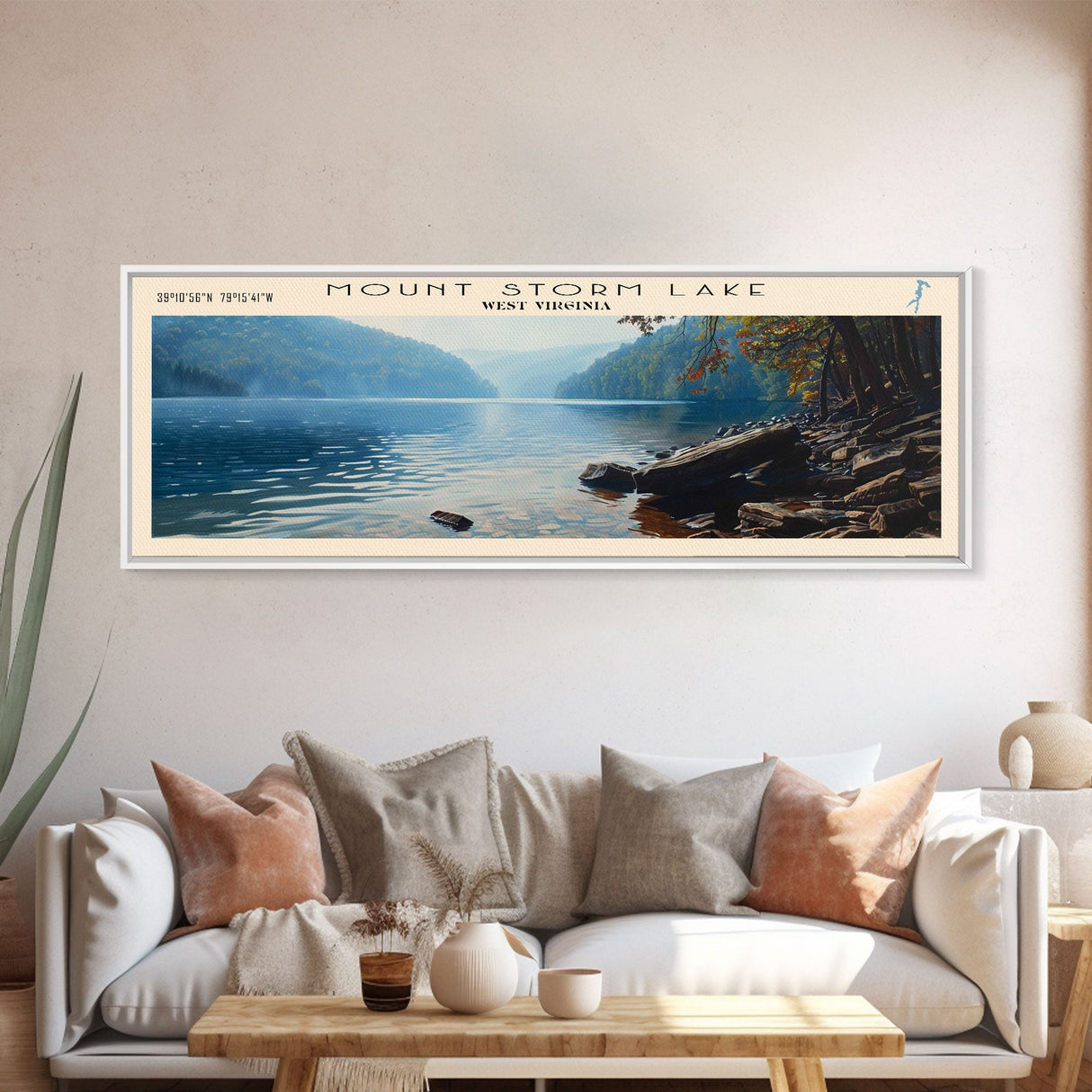 Mount Storm Lake West Virginia Framed Canvas Print, Lake House Decor, Panoramic Wall Art, Travel Poster, Landscape Painting, Contemporary Art