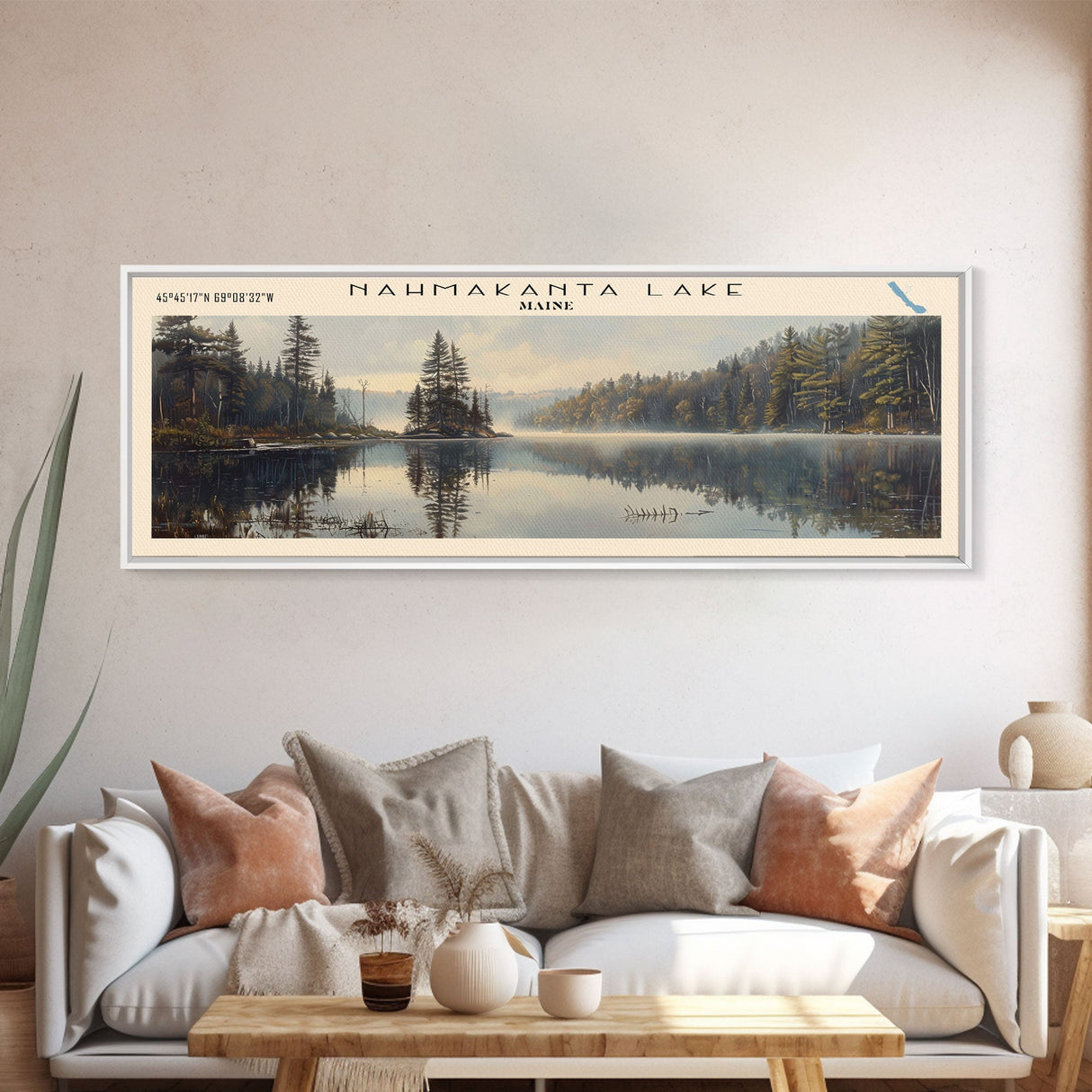 Nahmakanta Lake Maine Framed Canvas Print, Lake House Decor, Panoramic Wall Art, Travel Poster, Beautiful Landscape Painting, Living Room Decor