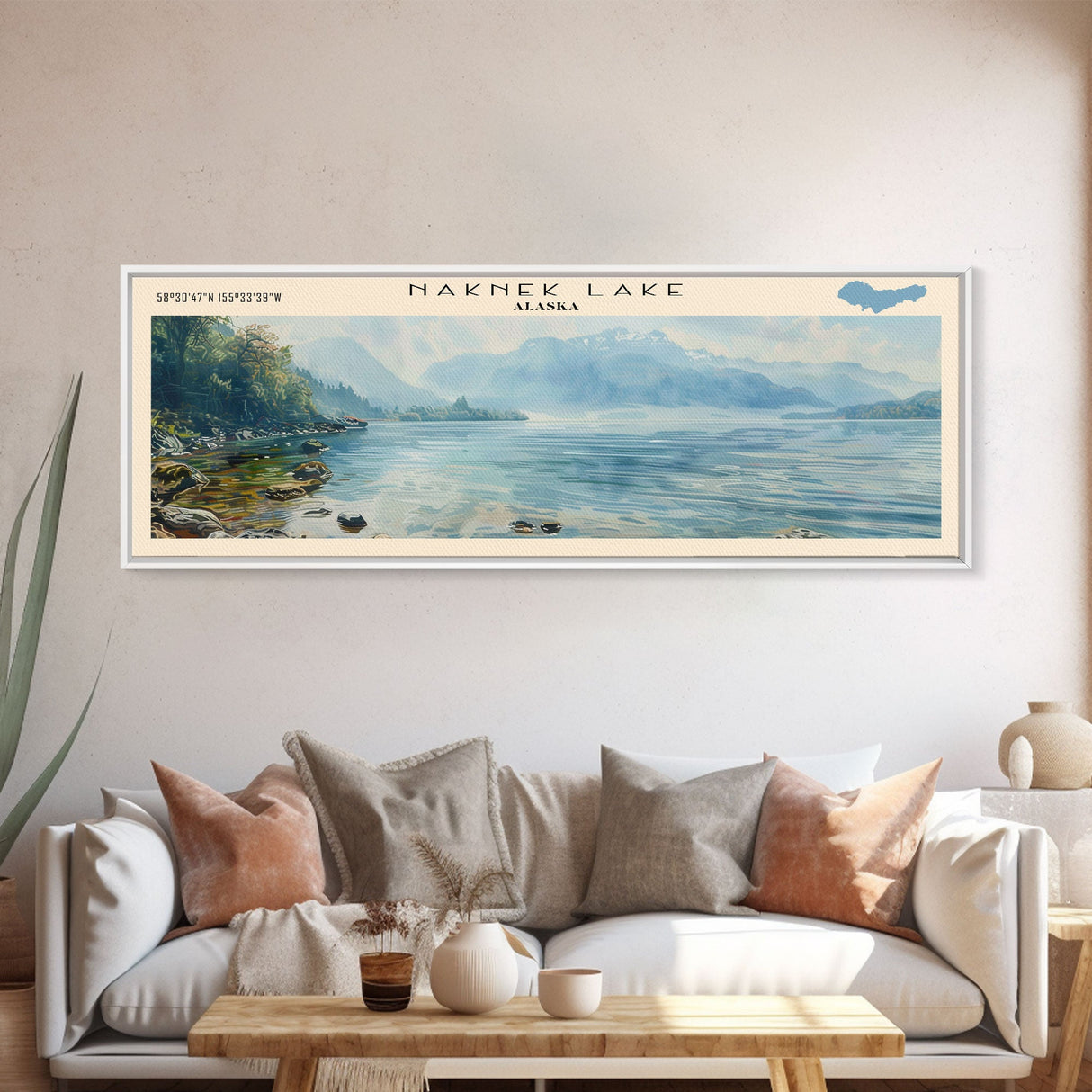 Naknek Lake Framed Canvas Print, Lake House Decor, Panoramic Wall Art, Travel Poster, Landscape Painting, Modern Art