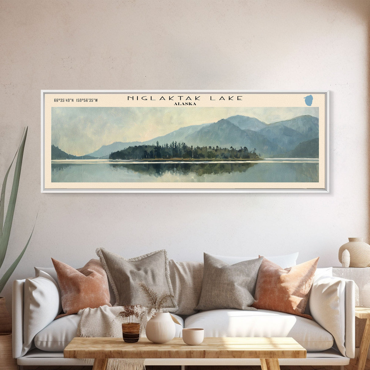 Niglaktak Lake Framed Canvas Print, Lake House Decor, Panoramic Wall Art, Travel Poster, Landscape Painting, Bedroom Decor