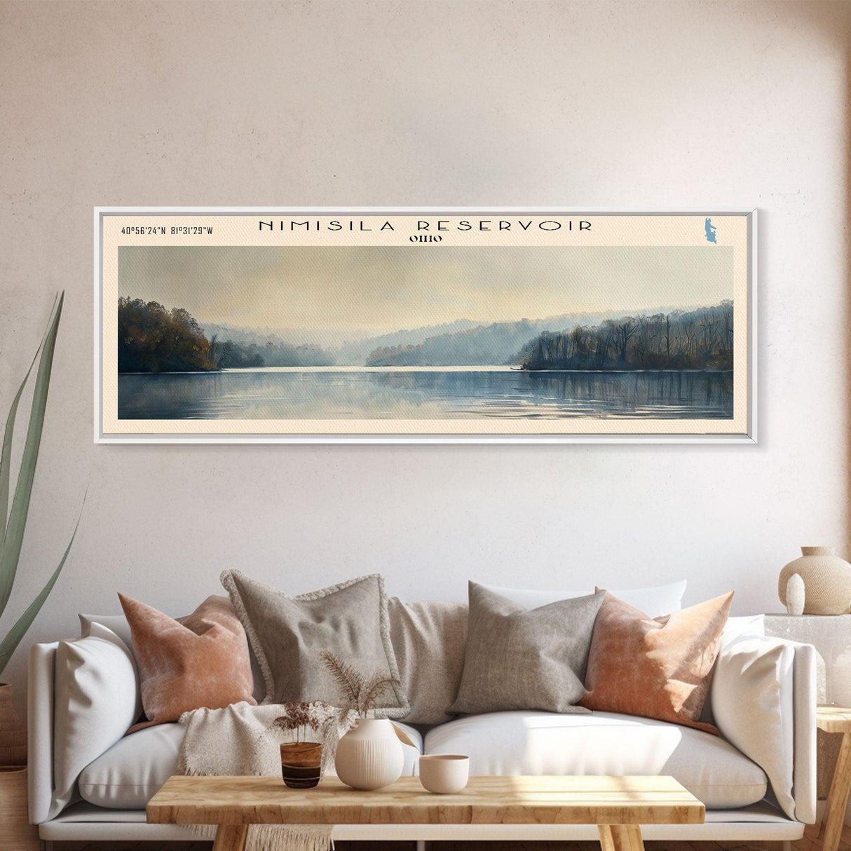 Nimisila Reservoir Ohio Framed Canvas Print, Lake House Decor, Panoramic Wall Art, Travel Poster, Beautiful Landscape Painting, Living Room Decor