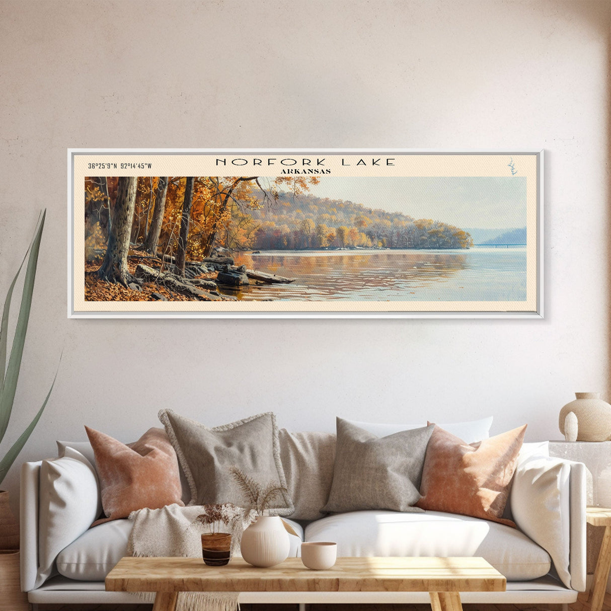 Norfork Lake Arkansas Framed Canvas Print, Lake House Decor, Panoramic Wall Art, Travel Poster, Landscape Painting, Bedroom Decor