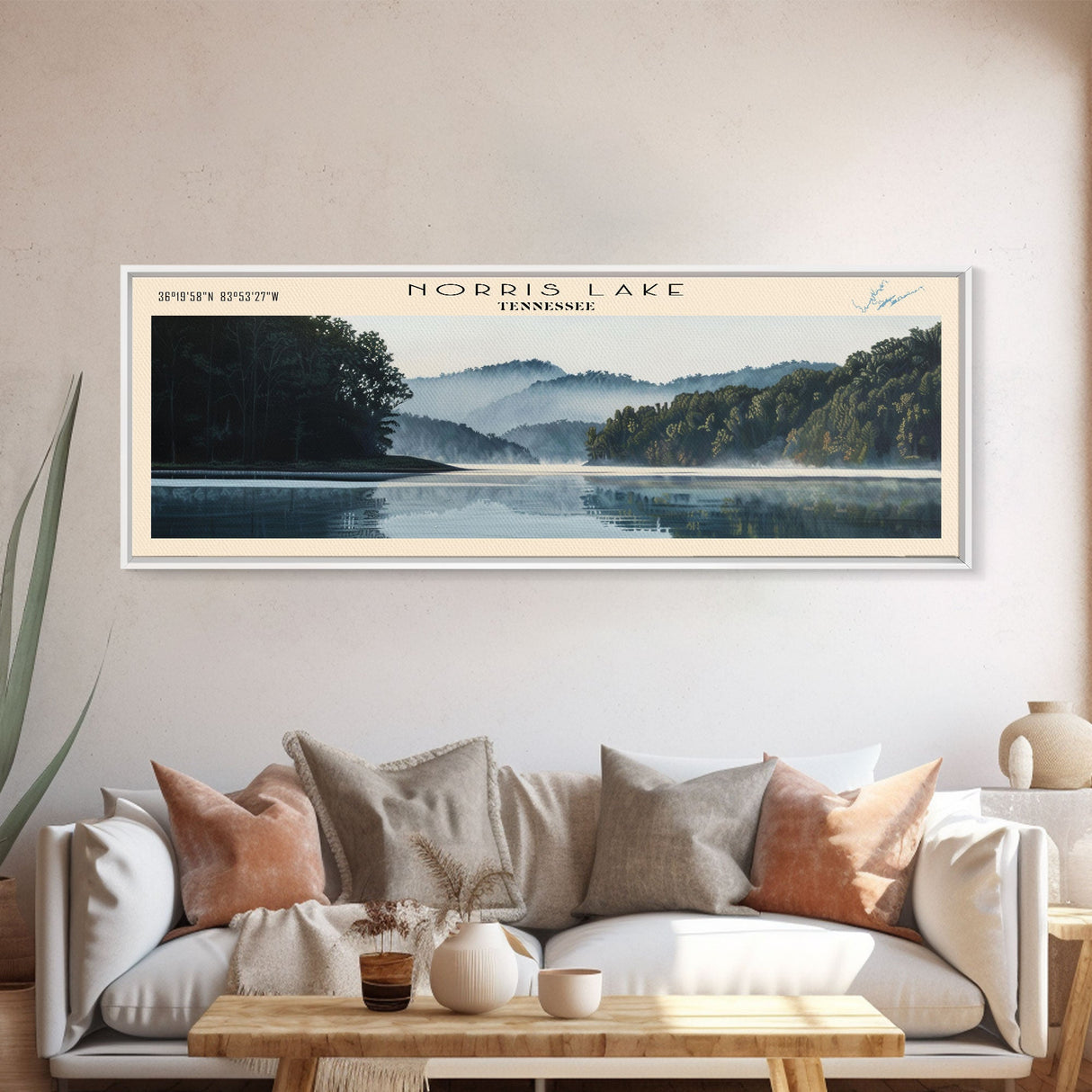 Norris Lake Tennessee Framed Canvas Print, Lake House Decor, Panoramic Wall Art, Travel Poster, Scenic Landscape Painting, Living Room Decor