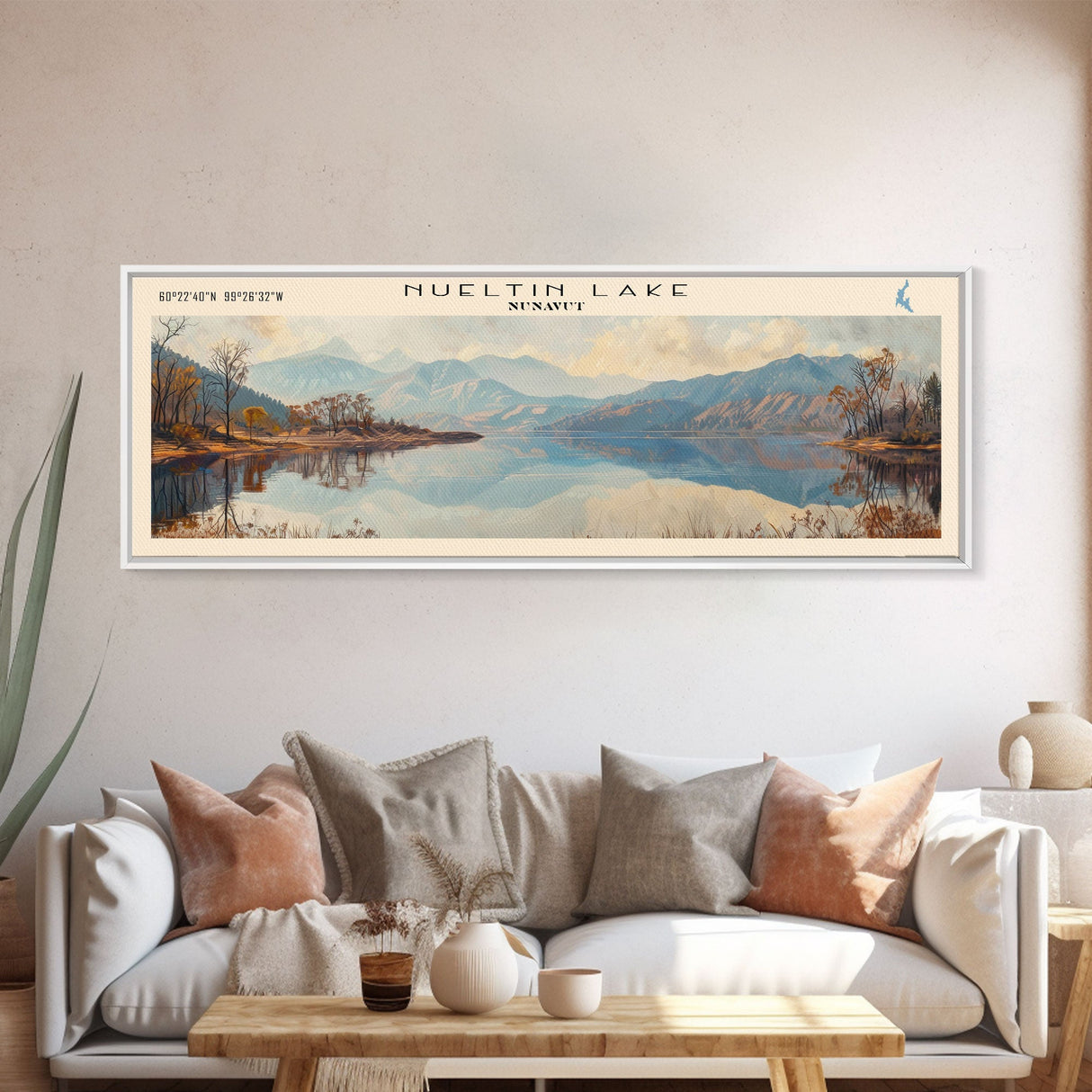 Nueltin Lake Framed Canvas Print, Lake House Decor, Panoramic Wall Art, Travel Poster, Beautiful Landscape Painting, Living Room Decor