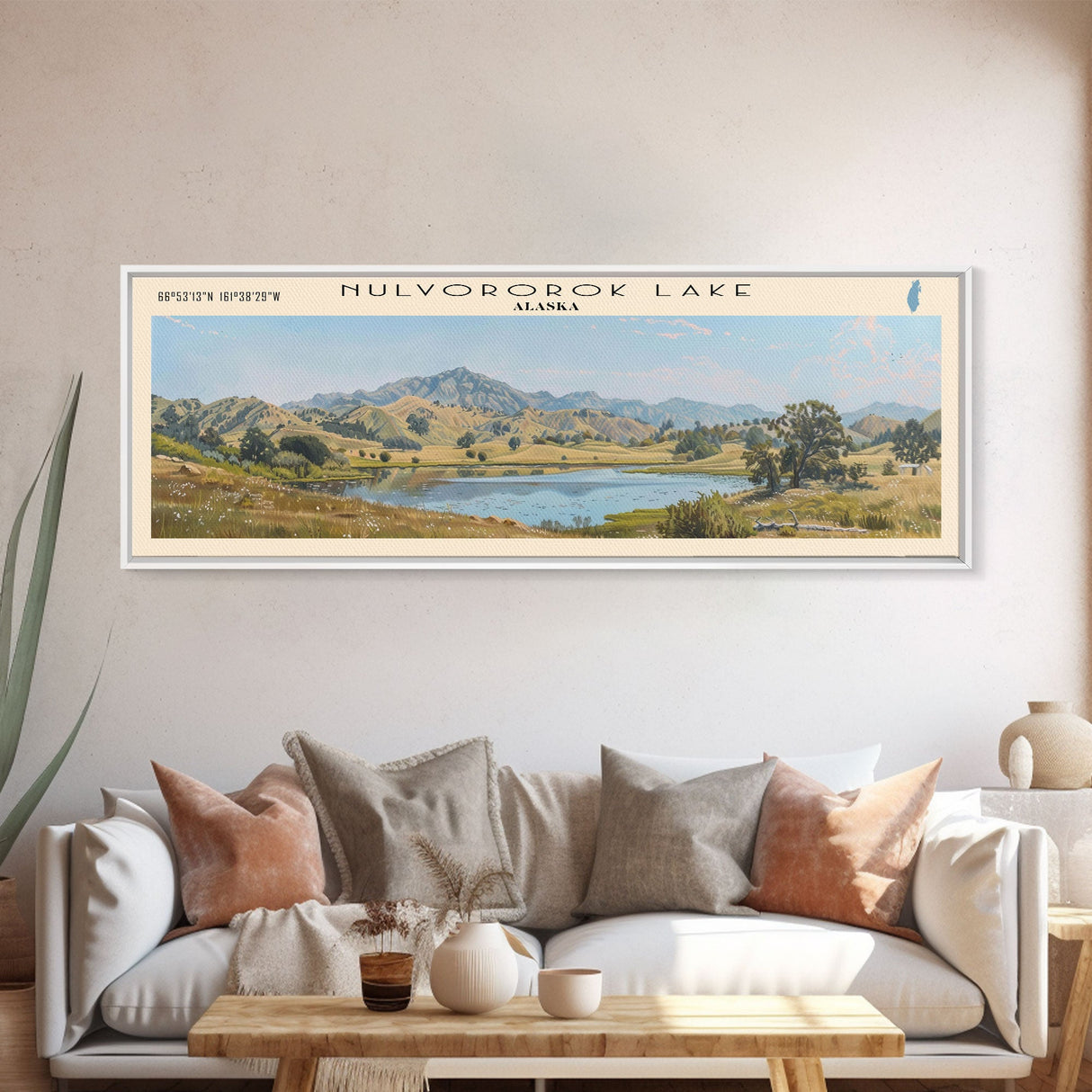 Nulvororok Lake Framed Canvas Print, Lake House Decor, Panoramic Wall Art, Travel Poster, Landscape Painting, Modern Art