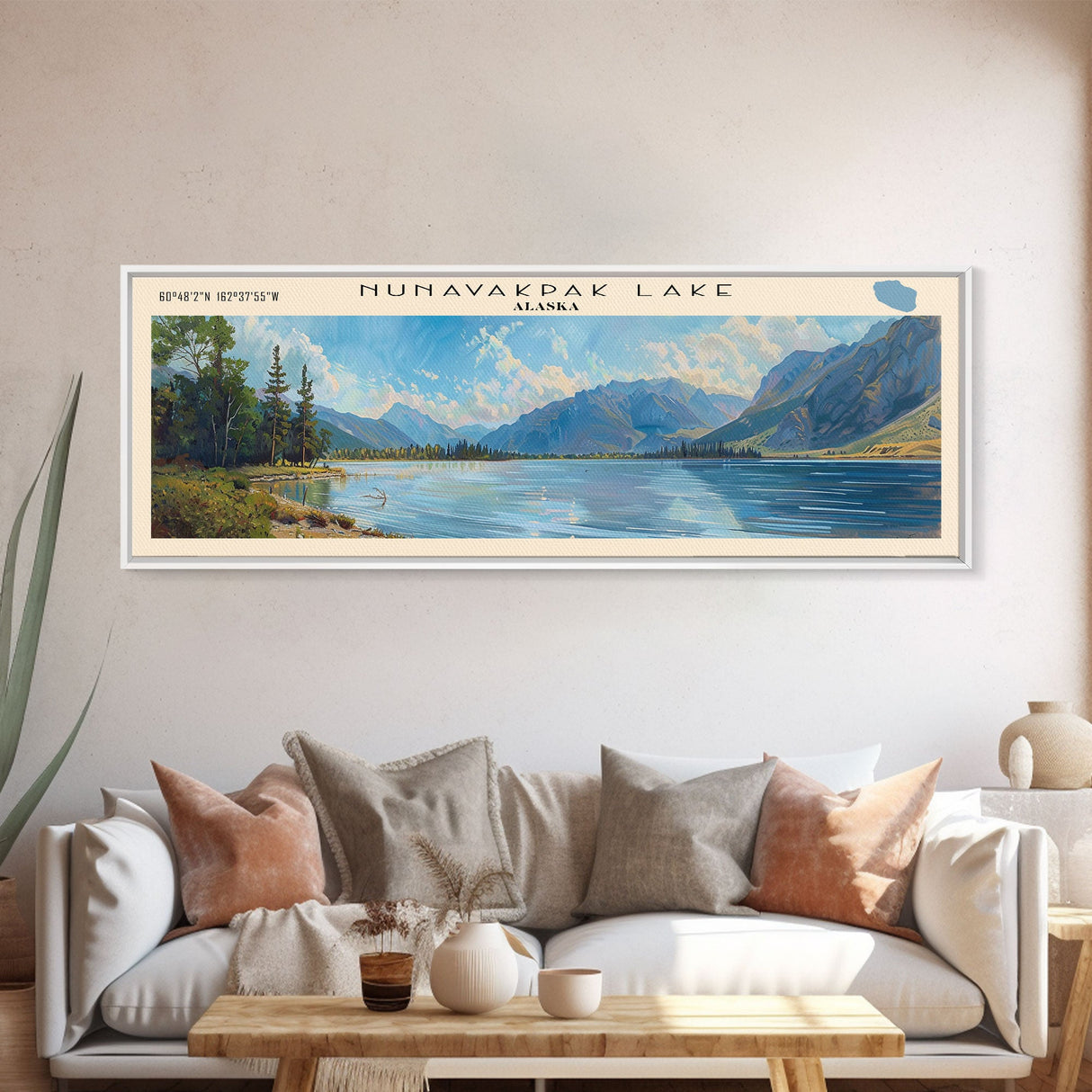 Nunavakpak Lake Framed Canvas Print, Lake House Decor, Panoramic Wall Art, Travel Poster, Scenic Landscape Painting, Contemporary Art