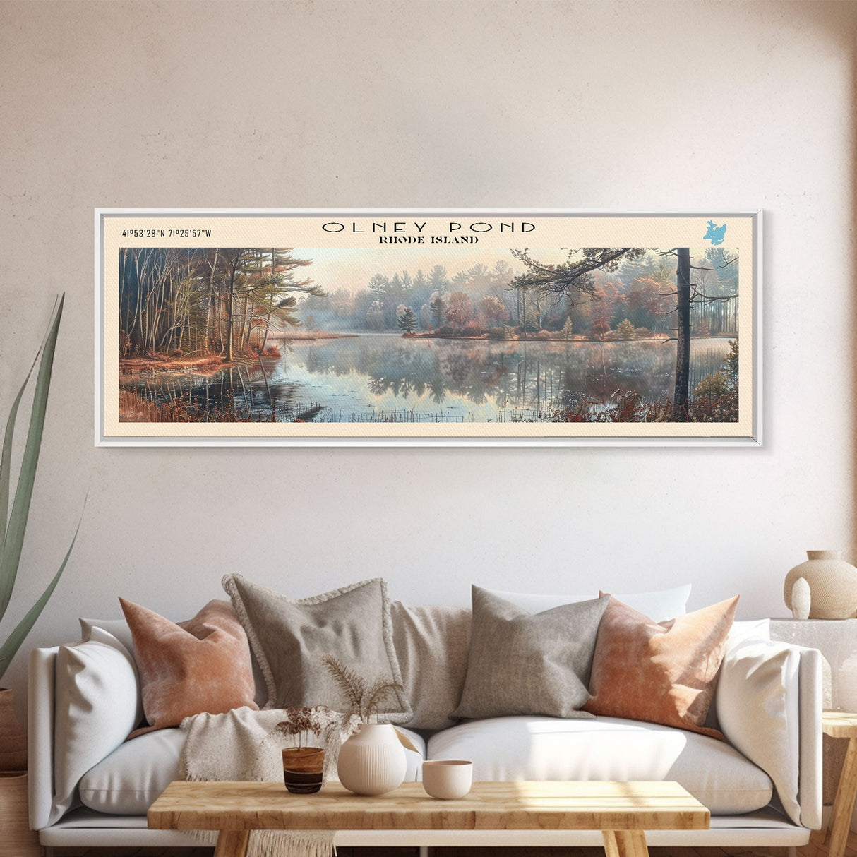 Olney Pond Rhode Island Framed Canvas Print, Lake House Decor, Panoramic Wall Art, Travel Poster, Landscape Painting, Bedroom Decor