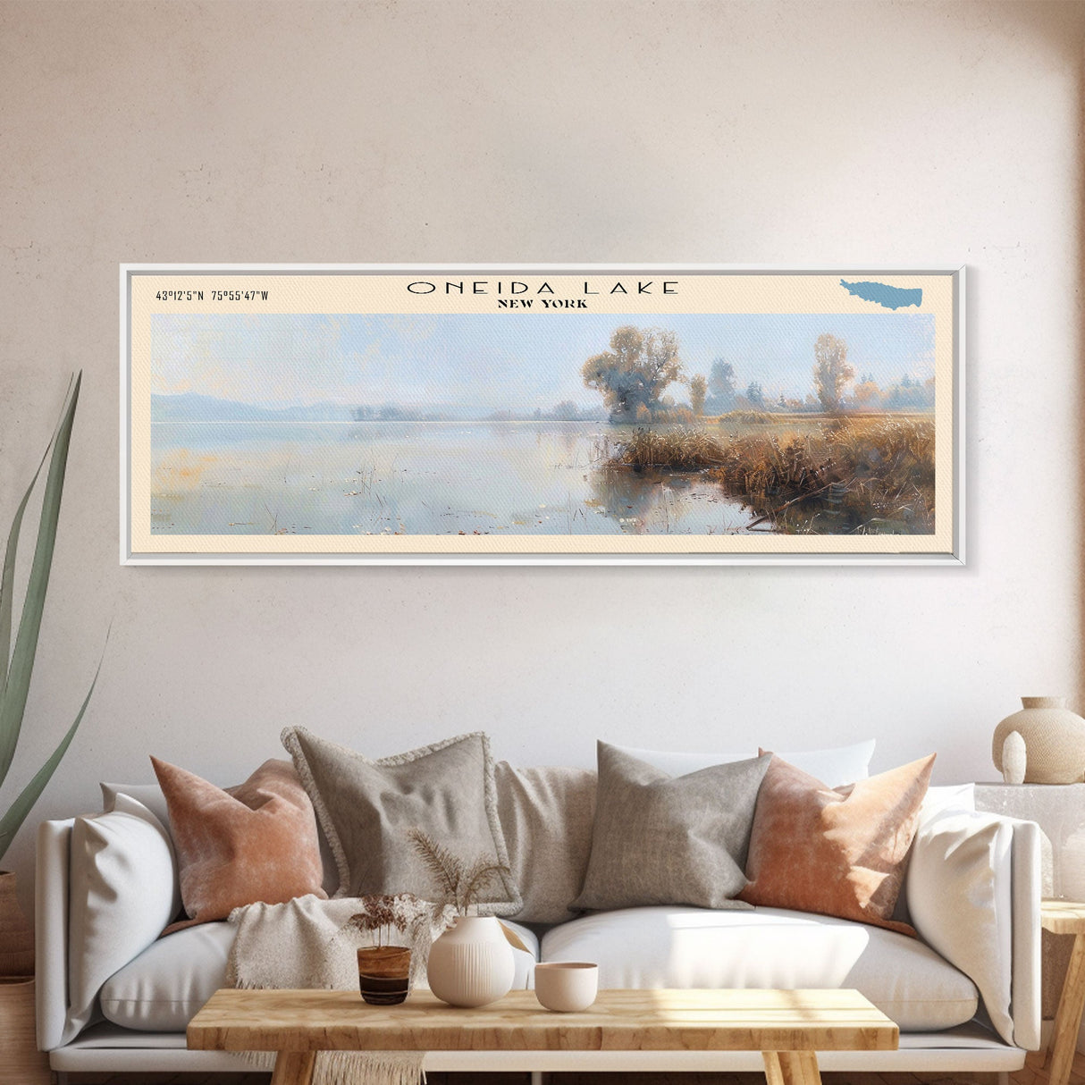 Oneida Lake Framed Canvas Print, Lake House Decor, Panoramic Wall Art, Travel Poster, Beautiful Landscape Painting, Living Room Decor