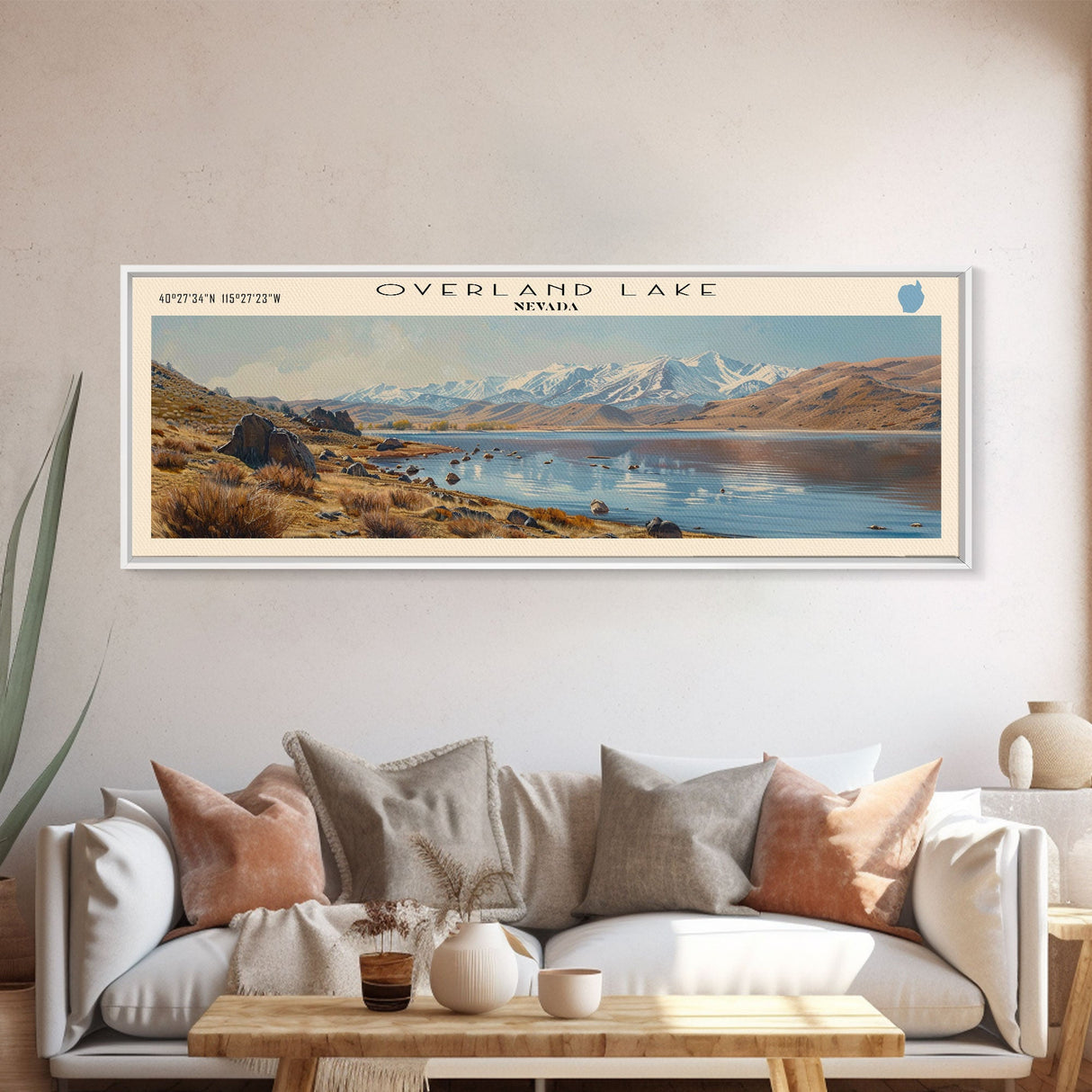 Overland Lake Nevada Framed Canvas Print, Lake House Decor, Panoramic Travel Poster, Scenic Landscape Painting, Living Room Decor