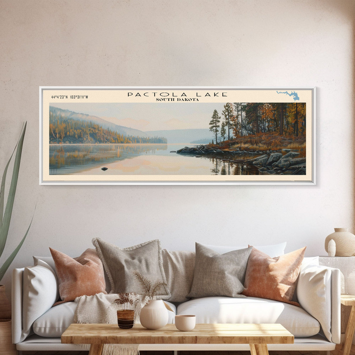 Pactola Lake South Dakota Framed Canvas Print, Lake House Decor, Panoramic Travel Poster, Landscape Painting, Contemporary Art