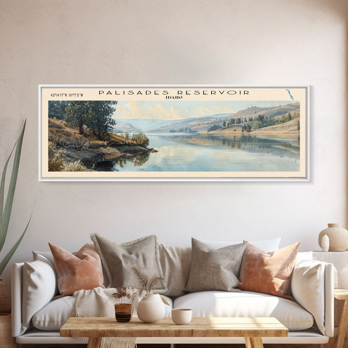 Palisades Reservoir Idaho Framed Canvas Print, Lake House Decor, Panoramic Travel Poster, Landscape Painting, Bedroom Decor