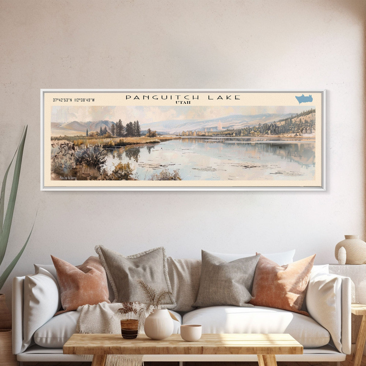 Panguitch Lake Utah Framed Canvas Print, Lake House Decor, Panoramic Wall Art, Travel Poster, Beautiful Landscape Painting, Living Room Decor