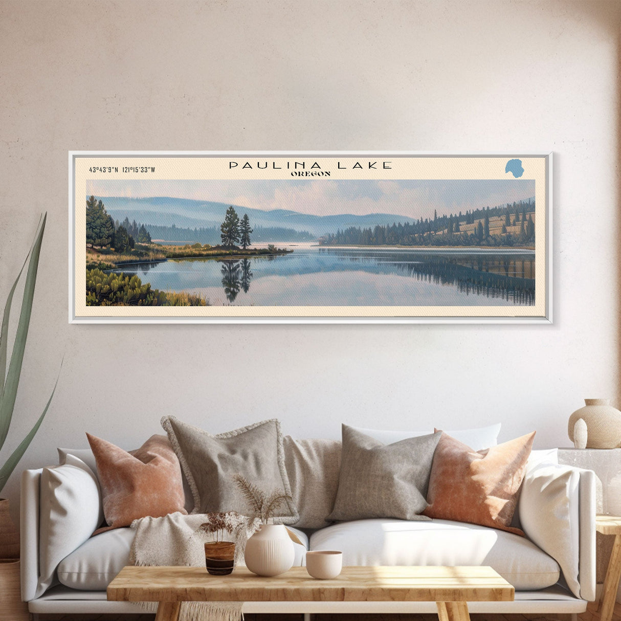 Paulina Lake Oregon Framed Canvas Print, Lake House Decor, Panoramic Travel Poster, Landscape Painting, Bedroom Decor