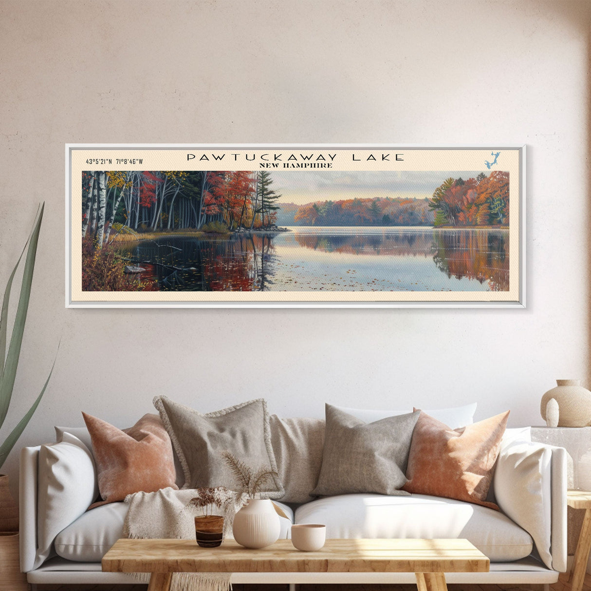 Pawtuckaway Lake New Hampshire Framed Canvas Print, Lake House Decor, Panoramic Wall Art, Travel Poster, Beautiful Landscape Painting, Living Room Decor