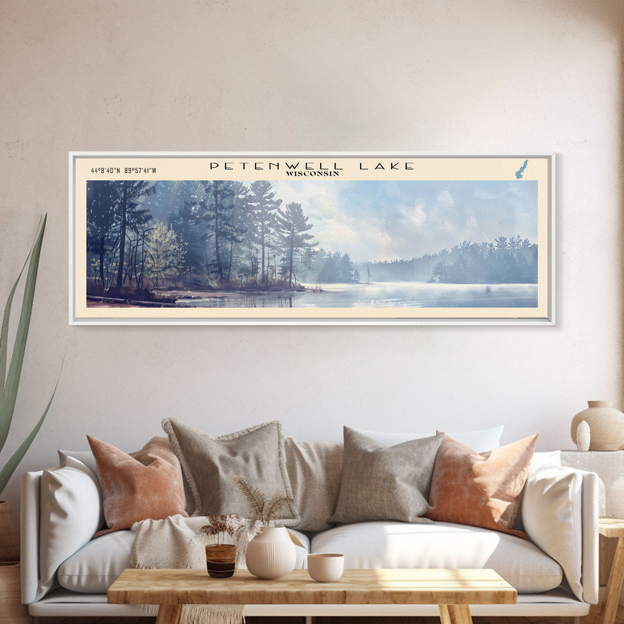 Petenwell Lake Wisconsin Framed Canvas Print, Lake House Decor, Panoramic Travel Poster, Landscape Painting, Modern Art