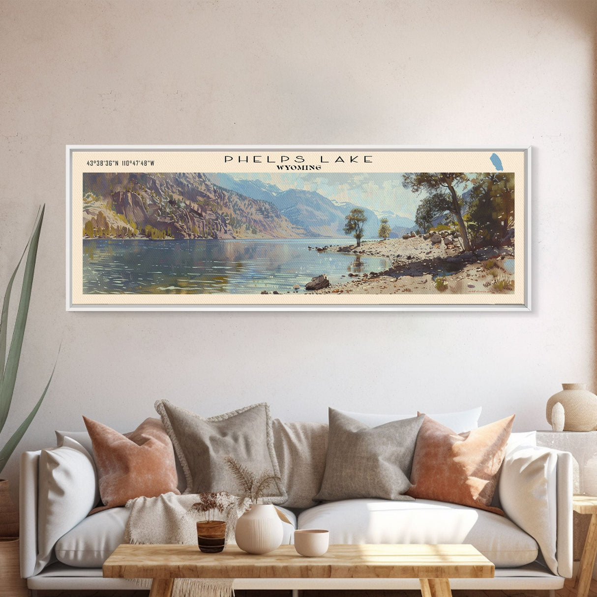 Phelps Lake Wyoming Framed Canvas Print, Lake House Decor, Panoramic Wall Art, Travel Poster, Beautiful Landscape Painting, Bedroom Decor