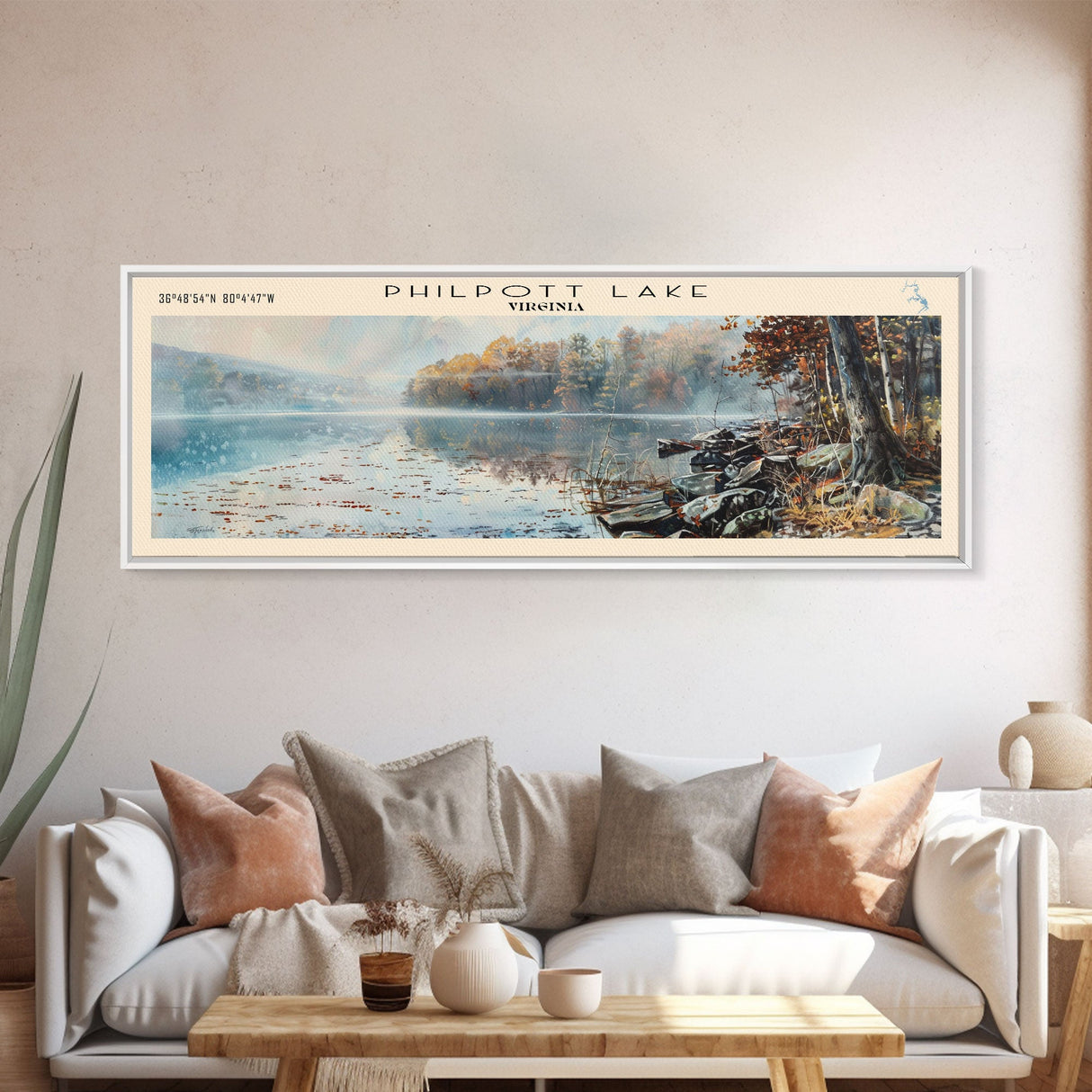 Philpott Lake Virginia Framed Canvas Print, Lake House Decor, Panoramic Travel Poster, Scenic Wall Art, Living Room Decor