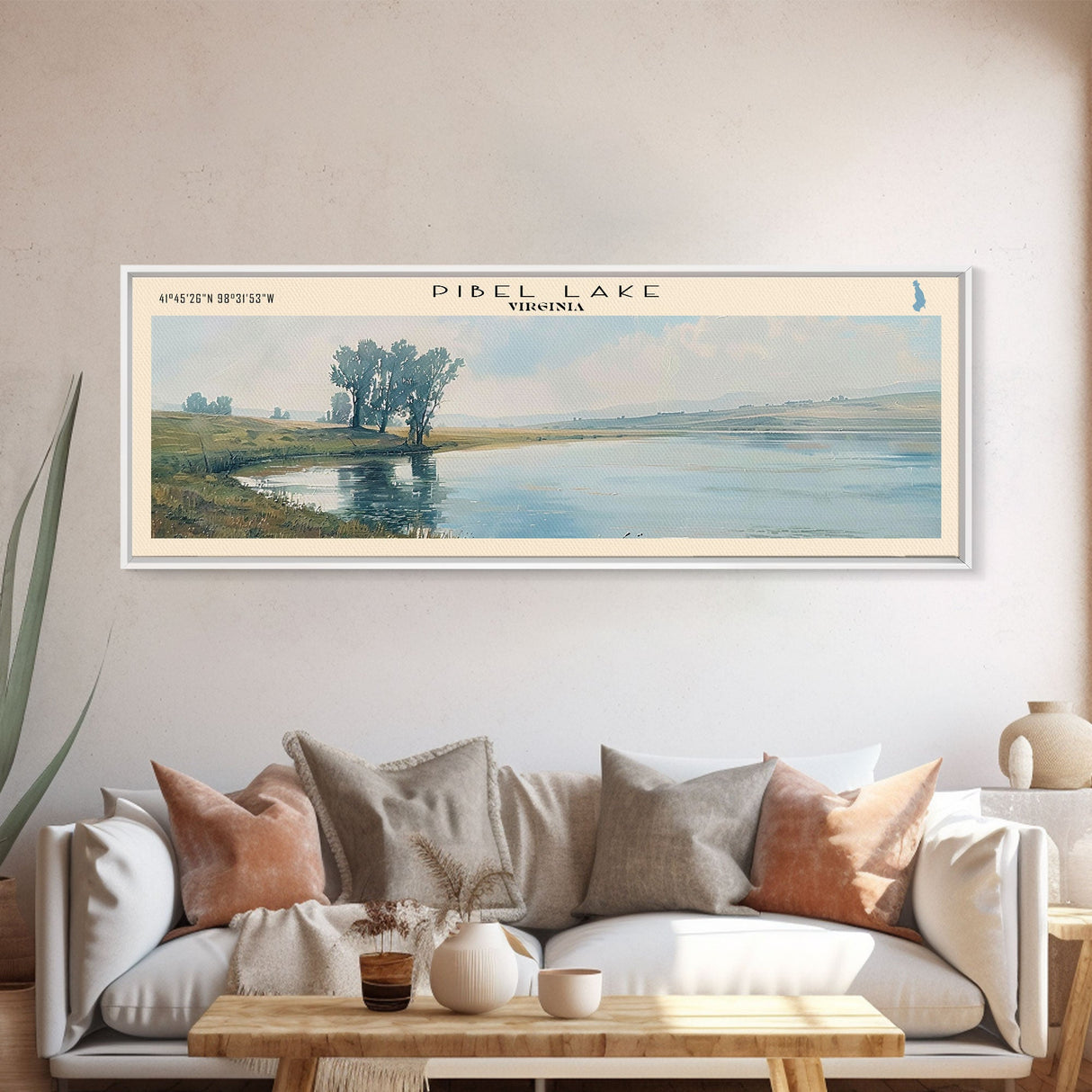 Pibel Lake Nebraska Framed Canvas Print, Lake House Decor, Panoramic Wall Art, Travel Poster, Beautiful Landscape Painting, Modern Art