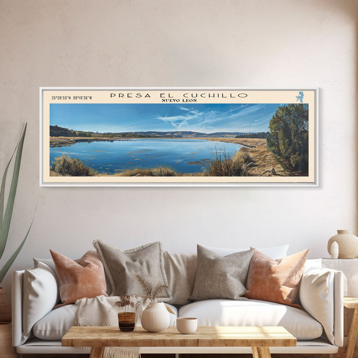 Presa El Cuchillo Lake Framed Canvas Print, Lake House Decor, Panoramic Wall Art, Travel Poster, Beautiful Landscape Painting, Contemporary Art