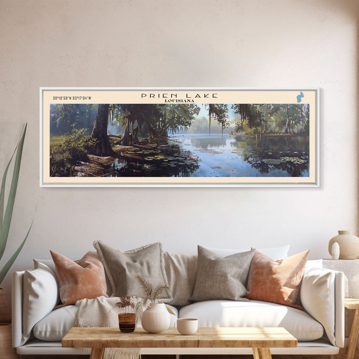 Prien Lake Louisiana Framed Canvas Print, Lake House Decor, Panoramic Travel Poster, Scenic Wall Art, Bedroom Decor