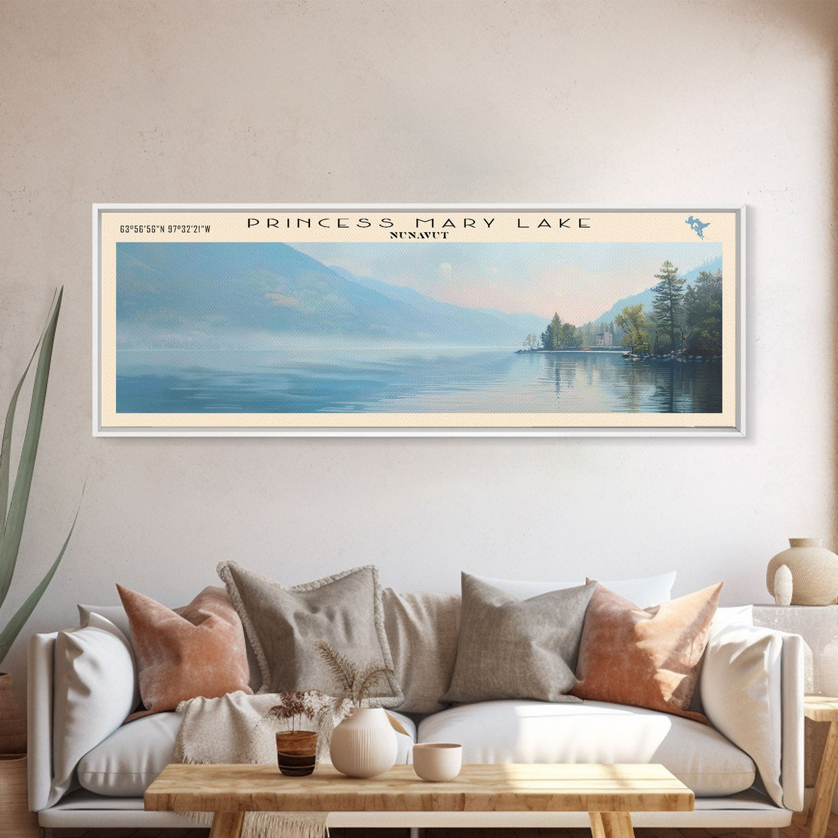 Princess Mary Lake Framed Canvas Print, Lake House Decor, Panoramic Wall Art, Travel Poster, Beautiful Landscape Painting, Contemporary Art