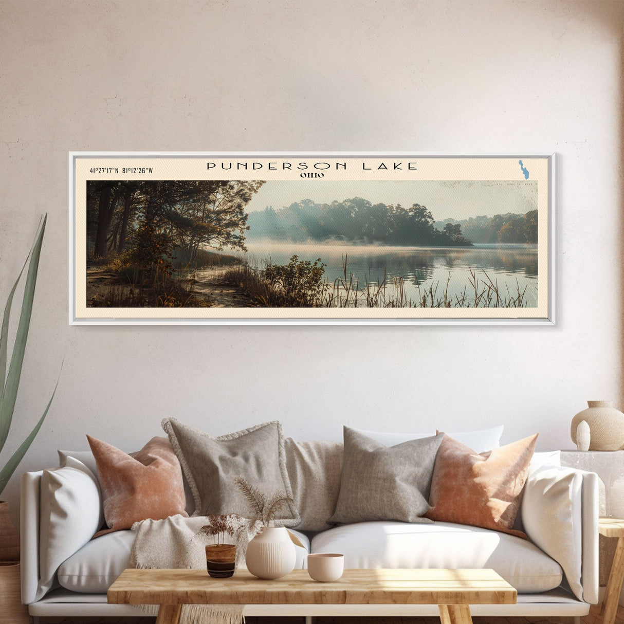 Punderson Lake Ohio Framed Canvas Print, Lake House Decor, Panoramic Travel Poster, Scenic Wall Art, Bedroom Decor